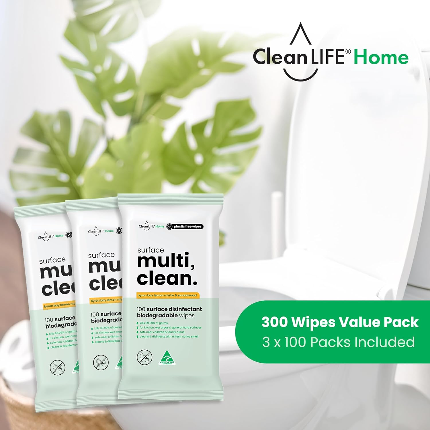 Cleanlife Surface Multi Clean Wipes &ndash; Lemon Myrtle & Sandalwood Scent, Biodegradable, Antibacterial, Plastic-Free, 100 Wipes, 3-Packs image number 3