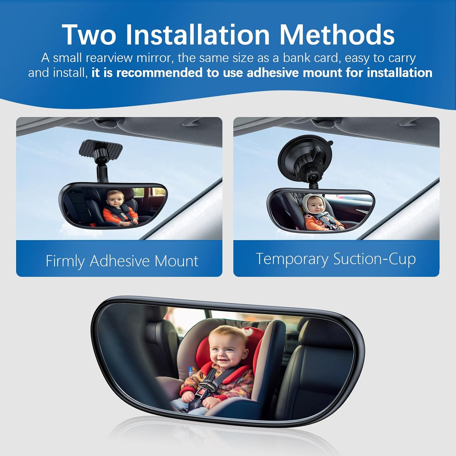 Range Tour Baby Car Mirror, 360&deg; Adjustable Wide Angle Convex Rearview Mirror for Rear Facing Infant Suction Cup & Adhesive Mount Mirror Safety Mirror for Car SUV Trucks