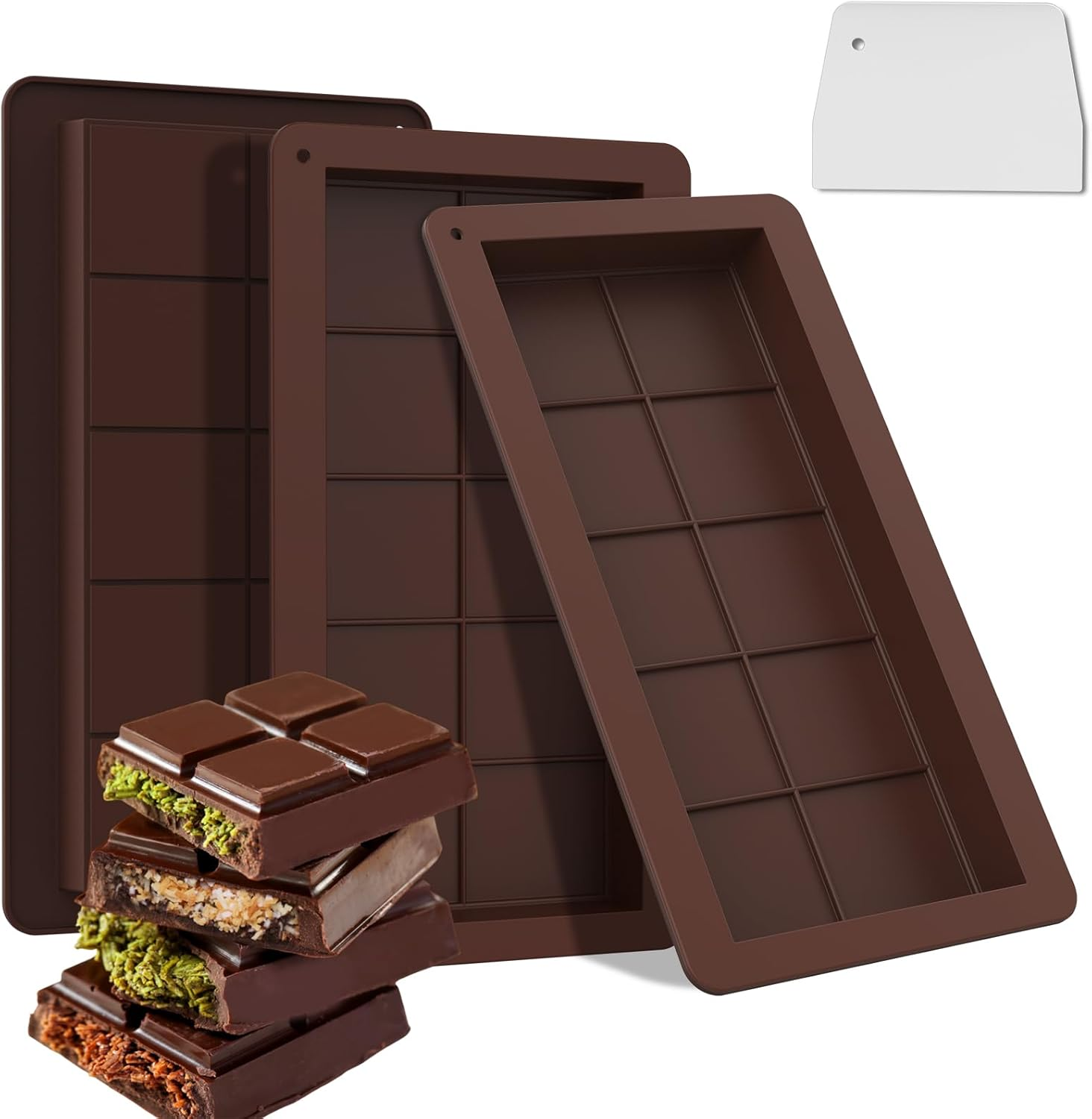 Bighan 3 Pack Large Silicone Chocolate Bar Molds, Food Grade Deep Cavity Baking Moulds with Scraper Kitchen Baking (25 X 14 X 2 Cm) image number 1