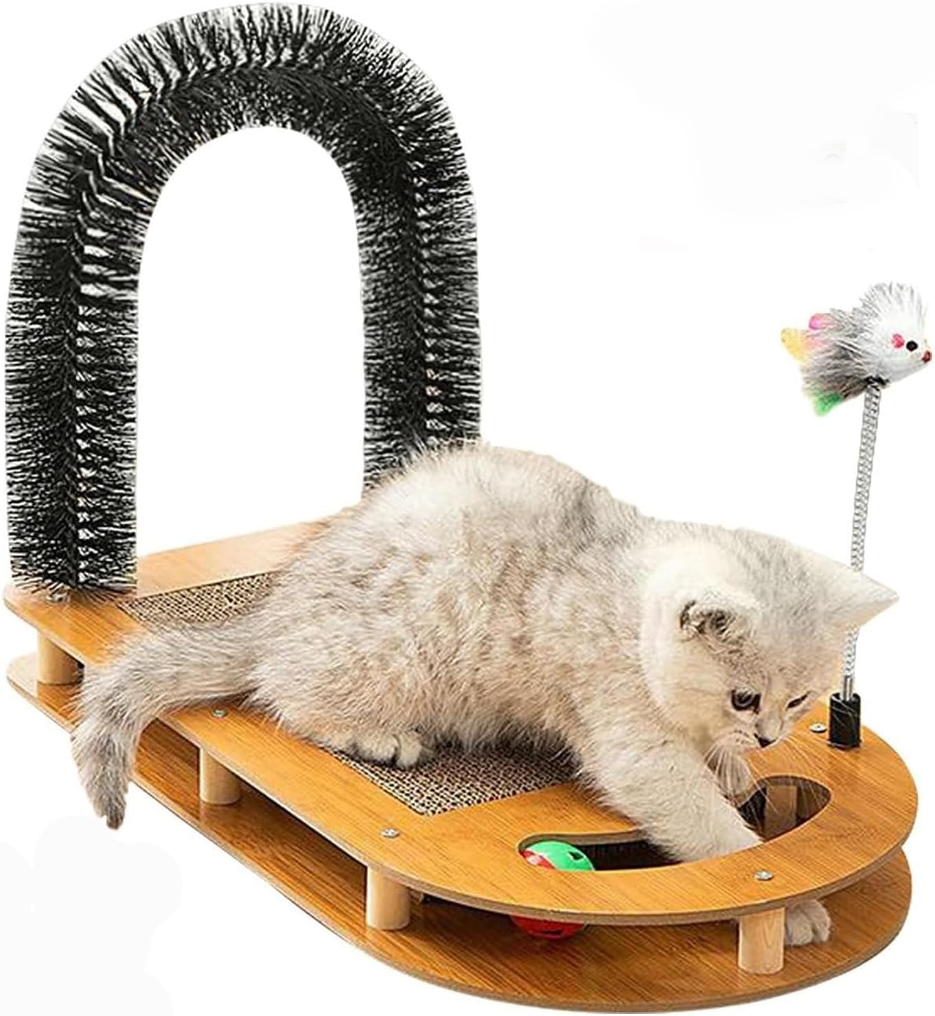 Cat Brush 4 in 1 - Scratching Board, Scratching Arch with Scratching Mats, Care Device with Scratching Pad, Cardboard Scratcher with Bell, Massager, Pet Brush with Interactive Mouse Toy image number 6