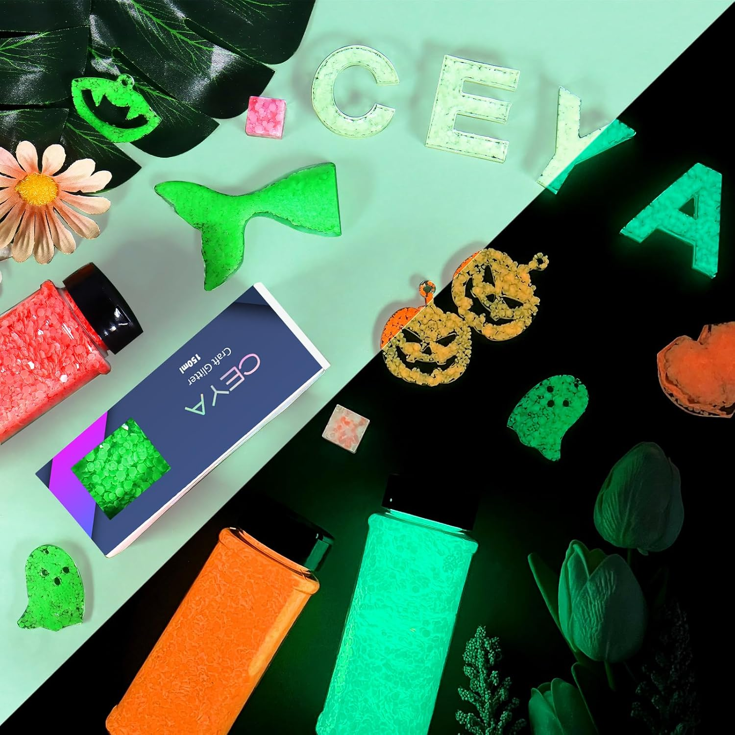 Ceya Glow in the Dark Glitter, 2.8Oz/ 80G White Luminous Chunky Glitter Mix Fine Powder Flakes Fluorescent Nail Sequins for Epoxy Resin, Tumblers, Halloween Party, Festival Decor image number 4