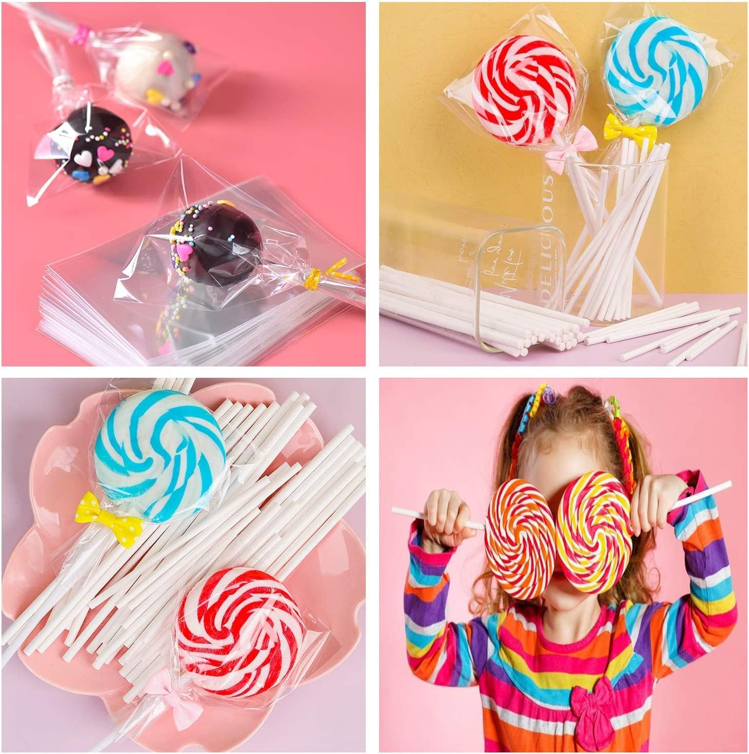 100Pcs Cake Pop Sticks and 100Pcs Parcel Bags, 100Pcs Colorful Metallic Twist Ties, for Making Lollipops, Cake Pops, Candies, Chocolates and Cookies (Large-5.9Inch) image number 2