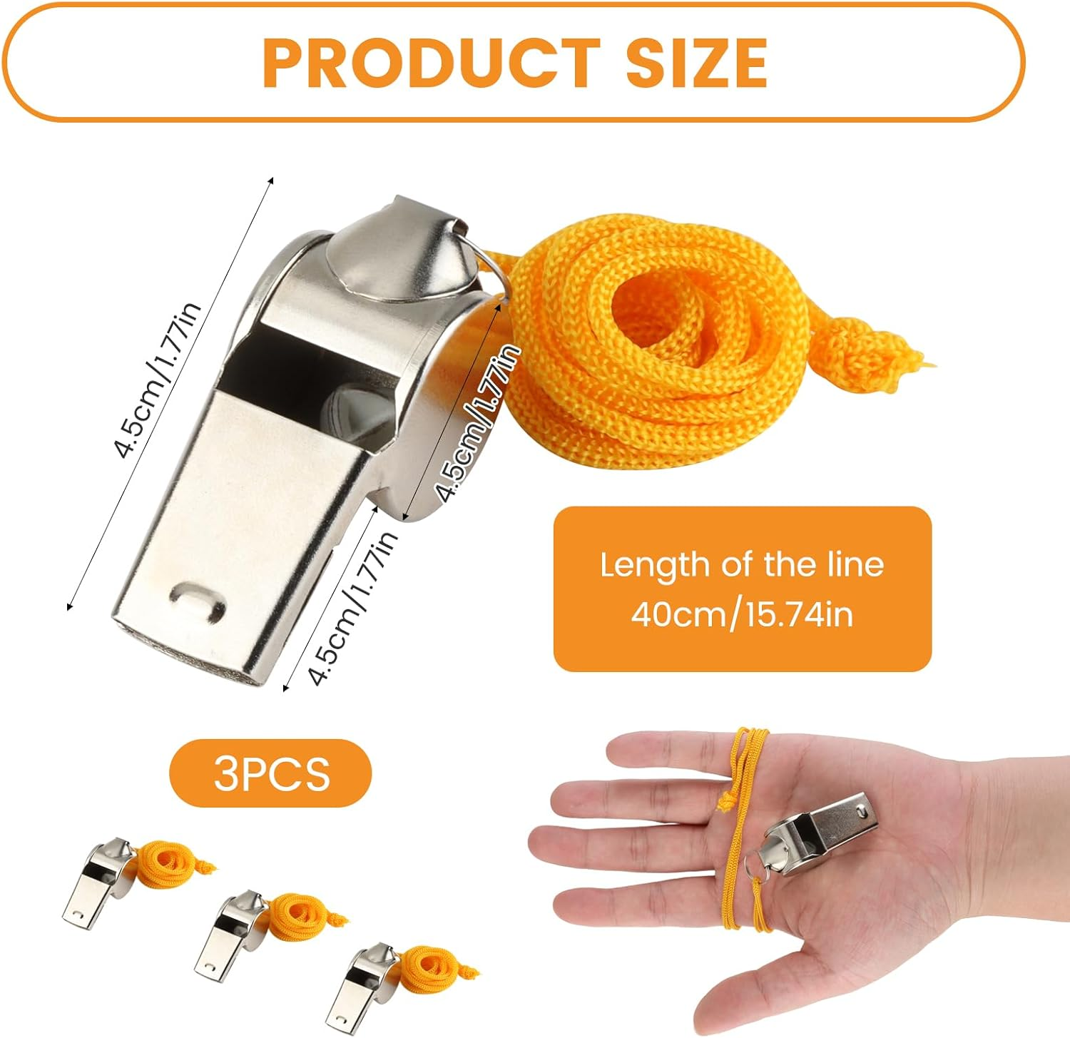 3Pcs Stainless Steel Referee Whistle with Durable Lanyard Producing Loud Crisp Sound for Sports Training Coaching Outdoor Games Fitness Hiking Camping Survival Emergency Durable Metal Whistles image number 2