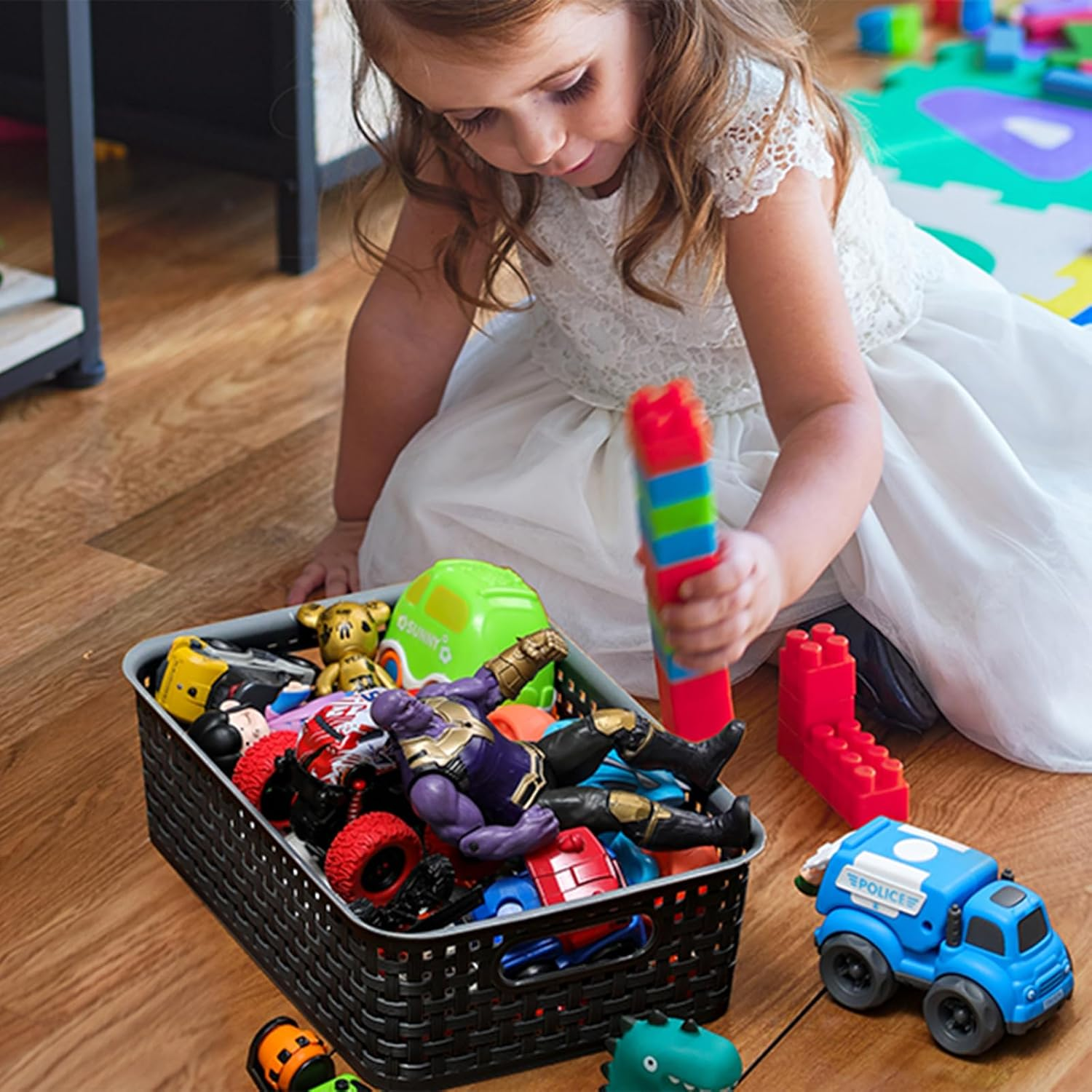 8 Pack Plastic Storage Baskets Set of Stackable Weave Baskets Sturdy Storage Containers with Handle for Shelves, Desktops, Cabinets, Bedrooms, Office (Black - 8 Pack) image number 6
