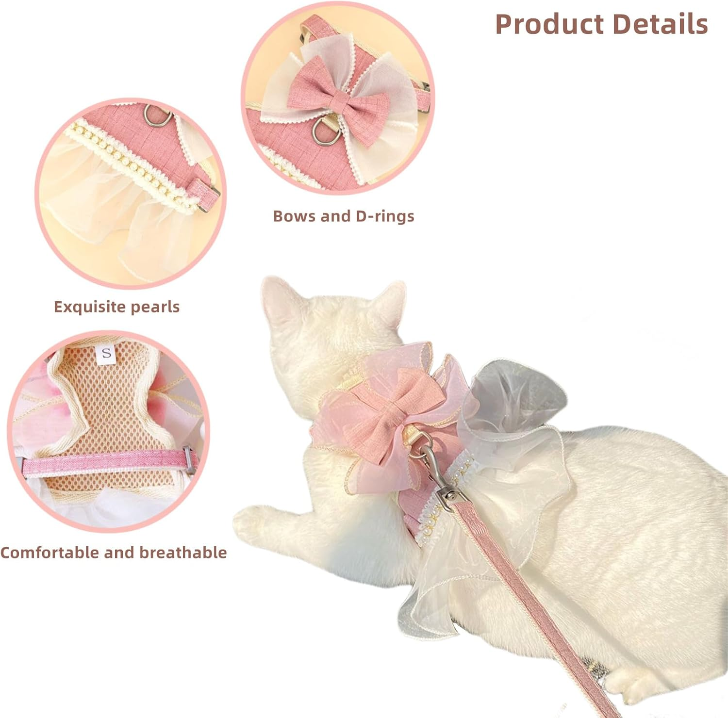 IUOUTG Cat Harness and Leash Set Cute Kitty Harness Escape Proof Harness with Bow Leash Soft Adjustable Mesh Cat Vest Dress for Small Kitten Puppy Rabbit image number 1