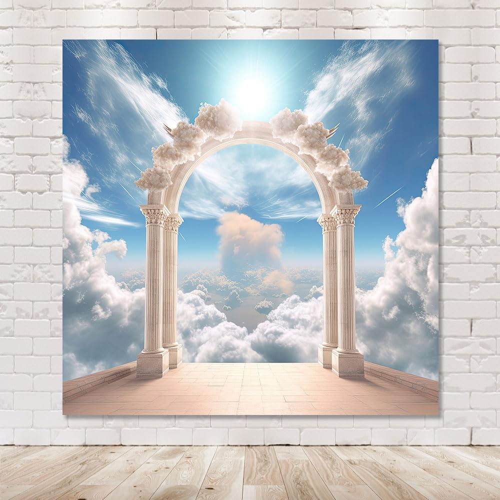 MEHOFOND Door to Sky Backdrop Photography White Door Clouds Blue Sky Backdrop Adult Child Portrait Christening Funeral Memorial Day Church Decoration Banner image number 3