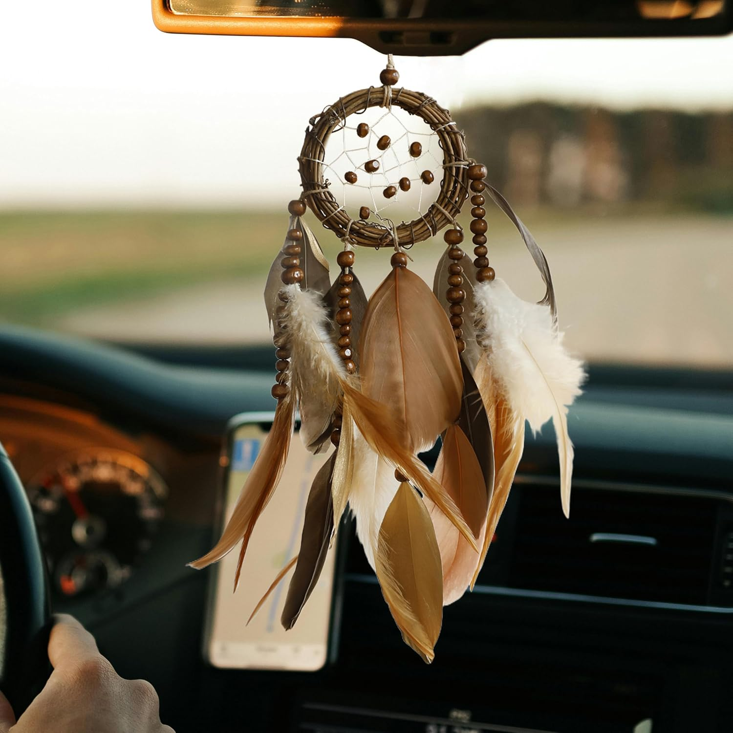 Mini Dream Catcher for Car Rear View Mirror Accessories - Handmade Small Brown Dreamcatchers Boho Car Charm Interior Decor, Native Ameican Indian Hanging Ornament Room Decor