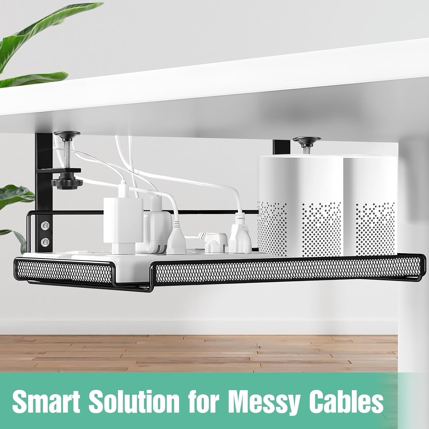 2 Pack under Desk Cable Management Tray No Drill, Under-Desk Cable Organiser for Cord Management, Ultra-Rugged Desktop Cable Rack with Clips, Standing Desktop Cable Manager (Black, L) image number 5