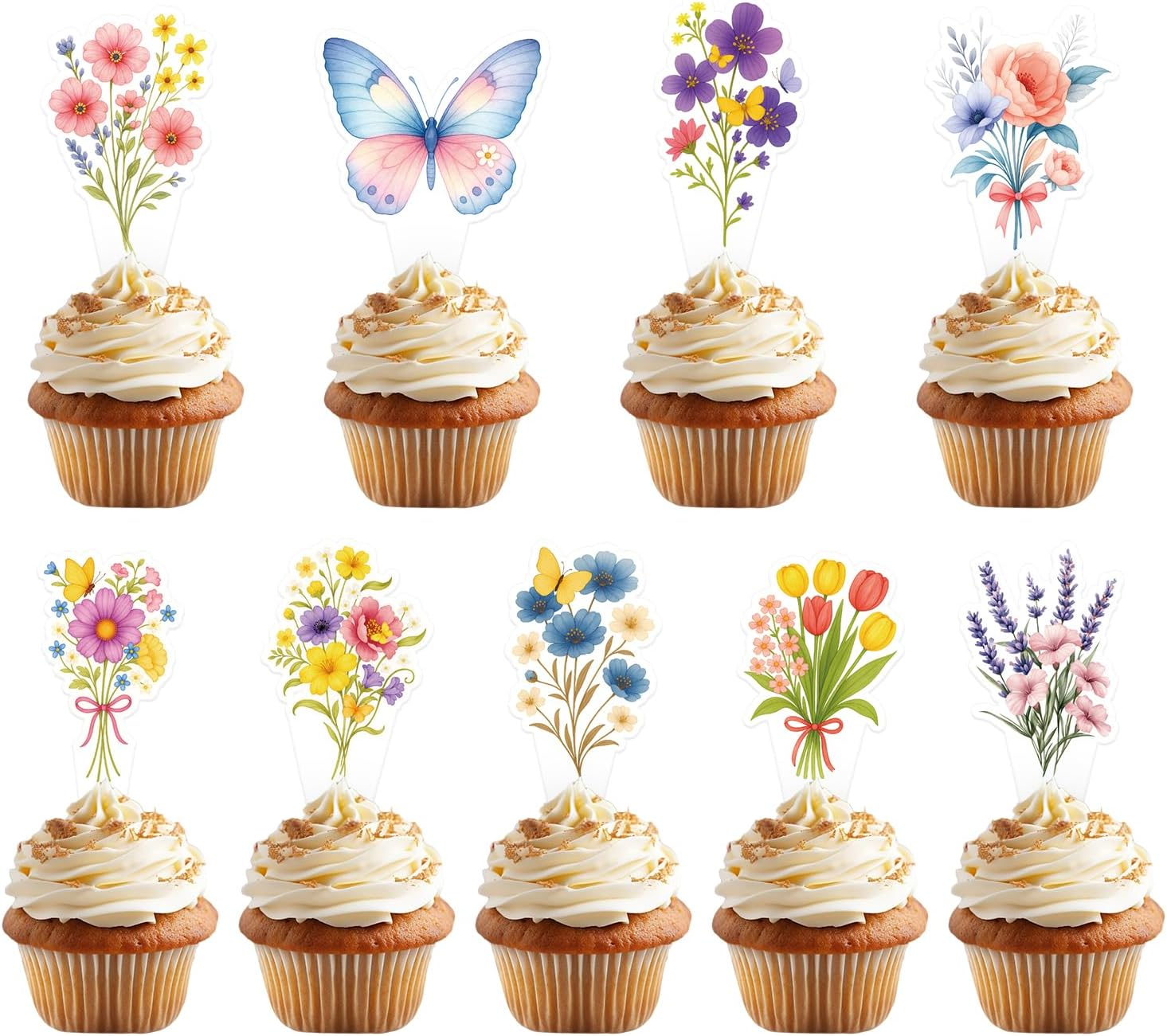 45Pcs Wildflower Cupcake Toppers, 9 Styles Flower & Butterfly Cupcake Toppers Baby in Bloom Floral Cake Picks Ideal Birthday Party Wedding Baby Shower Decoration Supplies image number 5