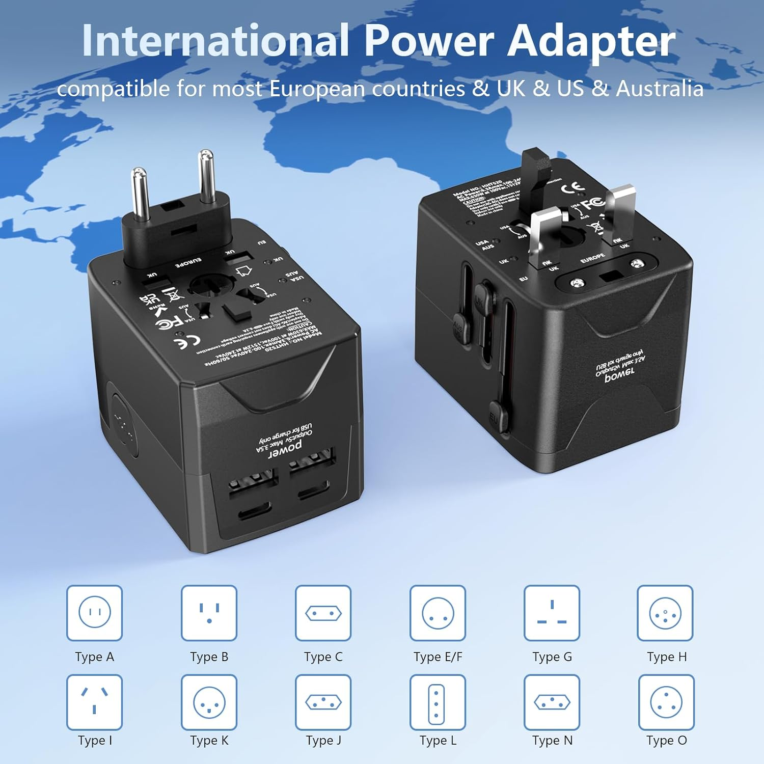 Universal Travel Adapter Worldwide, 54W International Power Adapter with 2 USB-A and 2 USB-C Ports,All-In-One Fast AC Wall Charger Outlet Wall Charger for USA Europe UK EU AUS (Type C/G/A/I),Black
