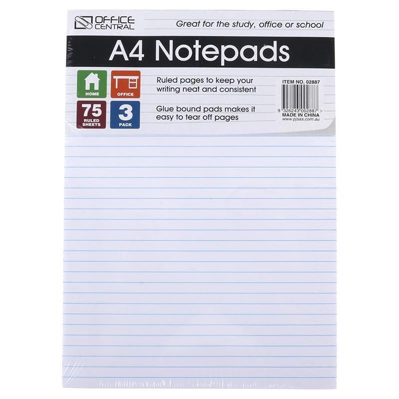 Leona Co Office A4 Legal Pads, 3 Pack, Wide Ruled, White Paper, 75 Sheets per Writing Pad Notebooks, 210Mm X 297Mm