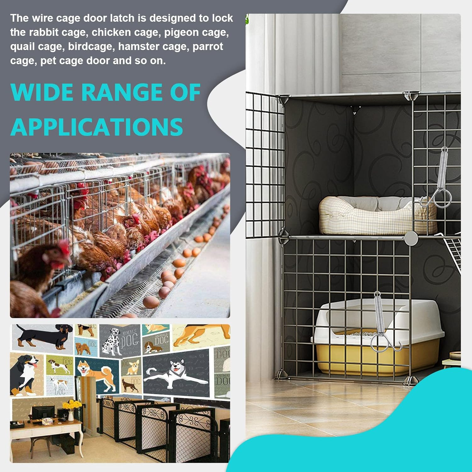 16Pcs 4 Sizes Spring Cage Latch Door Spring Hooks, 2.4'' 2.8'' 3.4'' 4.5'' Spring Door Latch Spring Cage Latch Metal Finger for Fixing Rabbit Dog Cat Bunny Hedgehog Pet Cage Door