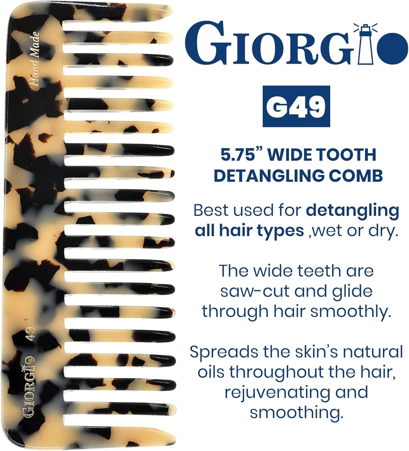 Giorgio G49 White Tokio, Large Wide Tooth Detangling Comb for Thick Curly Wavy Hair. Wet & Dry Hair Detangler - Handmade of Quality Cellulose, Saw-Cut, Hand Polished image number 1