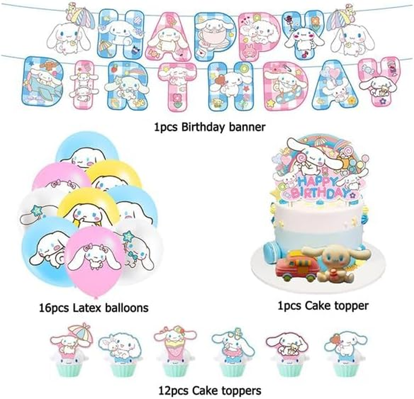 Dinoeye Cinnamoroll Birthday Decorations - 16Pcs Balloons, 13Pcs Cake Toppers, 1Pcs Banner - Sanrio Party Supplies - White, Cartoon, Buchstabenmuster