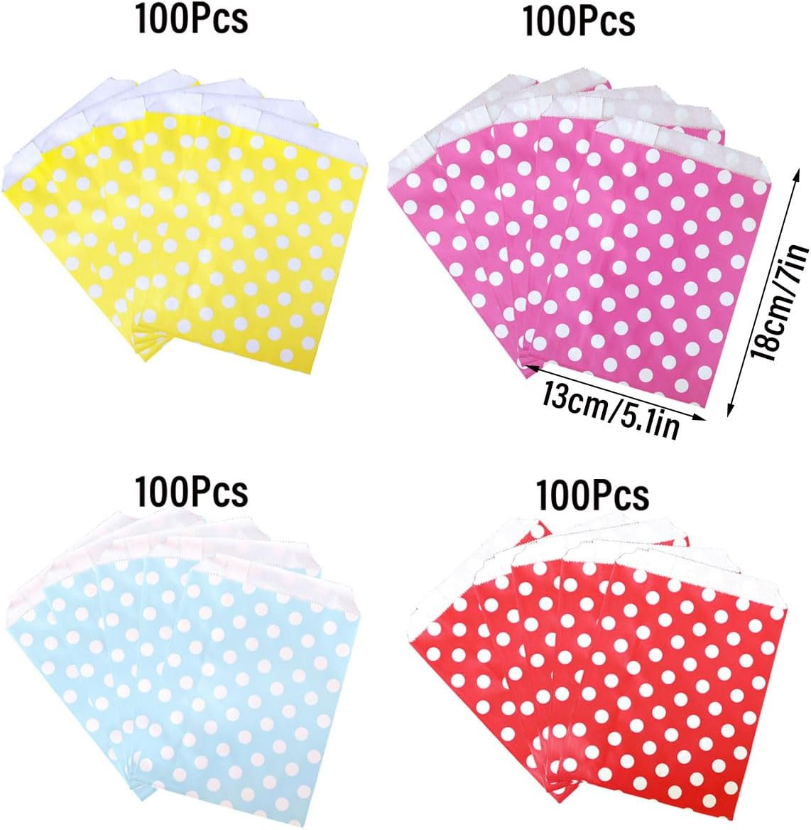 AIMALL 100Pcs Colorful Dot Paper Bags, 5.1 X 7In Party, Wedding, Dessert Packaging Bags, Food, Cookie, Small Gift Bags in Red, Rose Red, Yellow & Light Blue