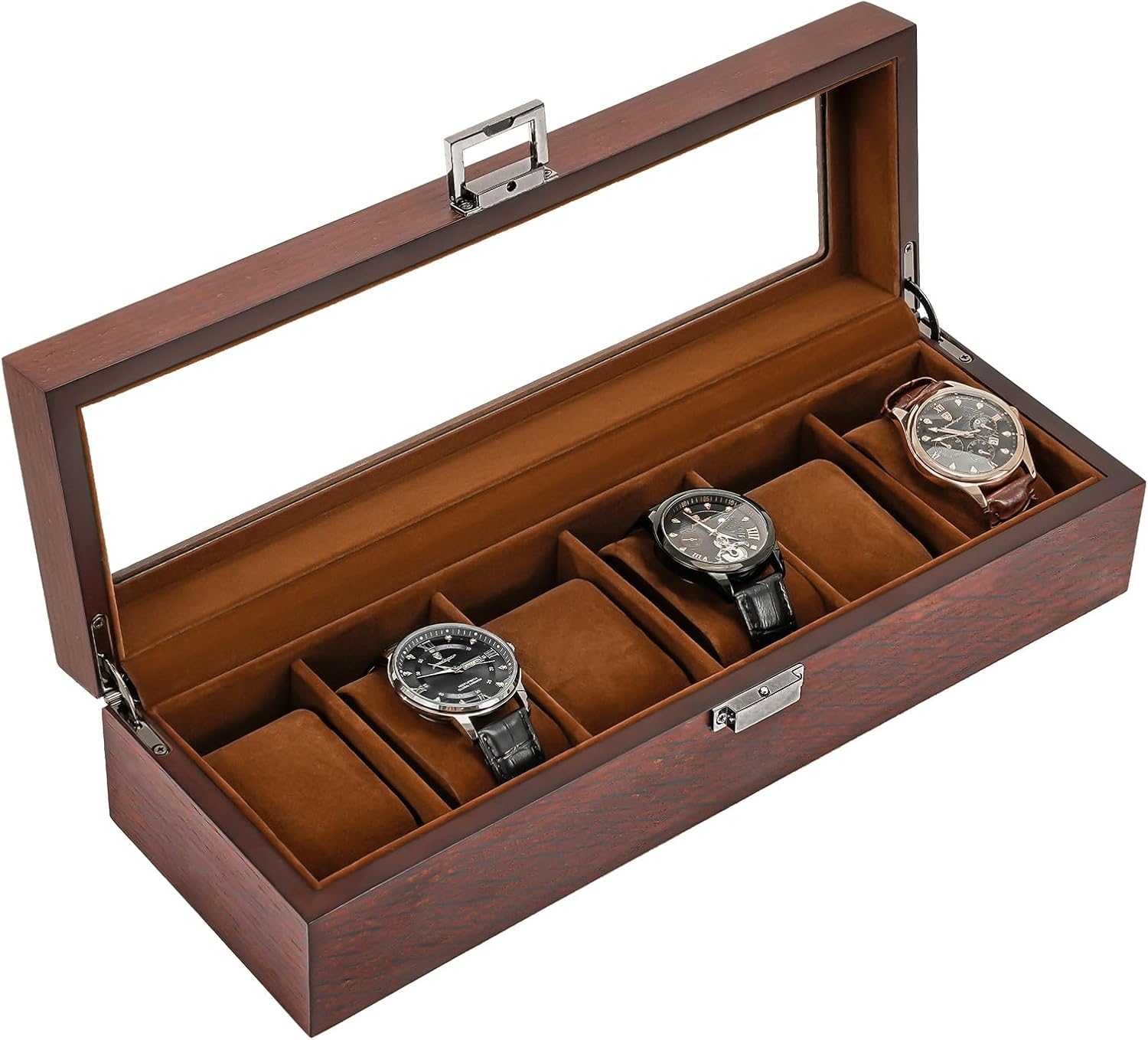 Procase Wooden Watch Box for Men, 3 Slot Timber Watch Display Case, Wood Cases for Men Watch Storage, Watch Holder Organizer with Glass Lid -Espresso