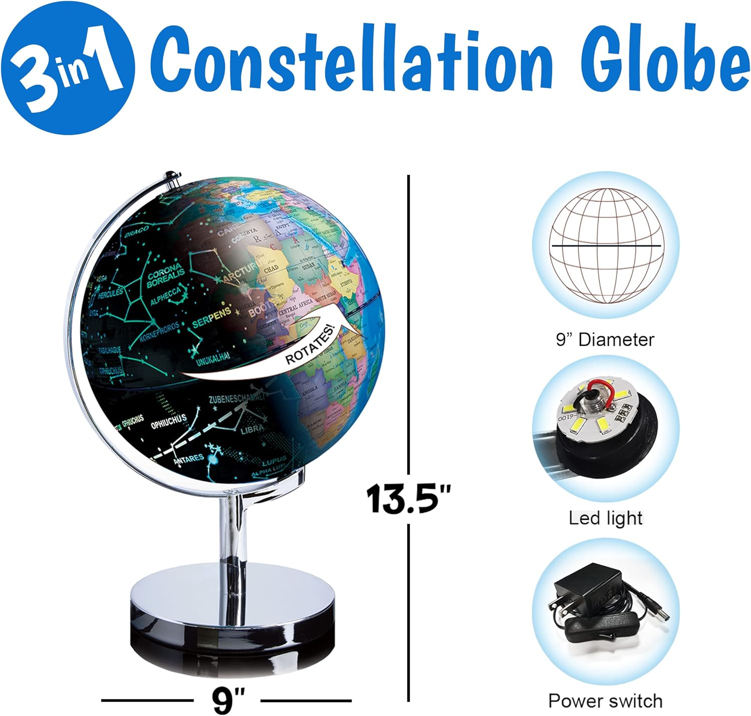 3-In-1 Illuminated World Globe - Nightlight and Constellation Globe for Kids with World Map Interactive App and Illustrated Constellation Map image number 4