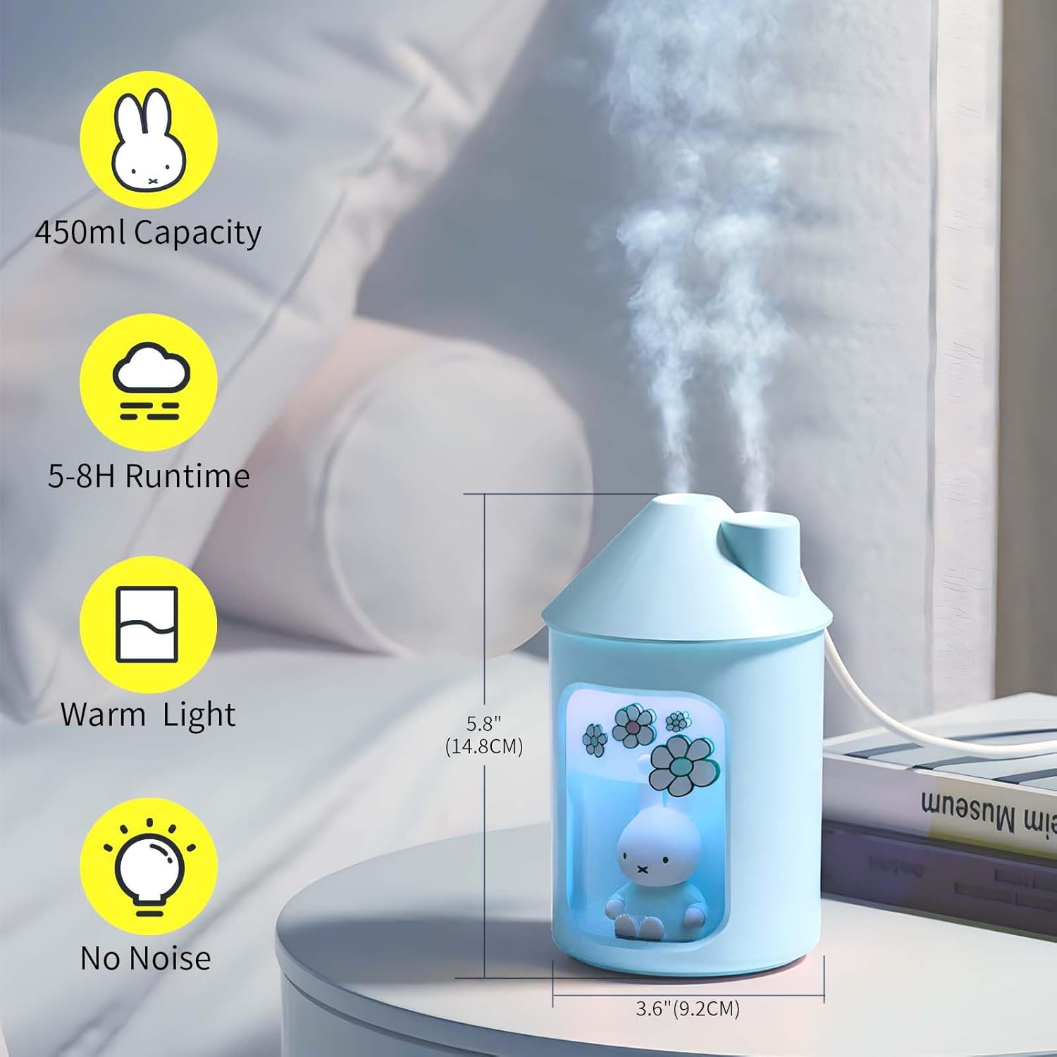 Mipow X Miffy BTA700M Cool Mist Humidifier for Bedroom,Ultrasonic Quiet Humidifier with Night Light,450 ML Double Spray for Nursery,Office Indoor Plants (Blue),Christmas Gifts for Girls - Yellow image number 4