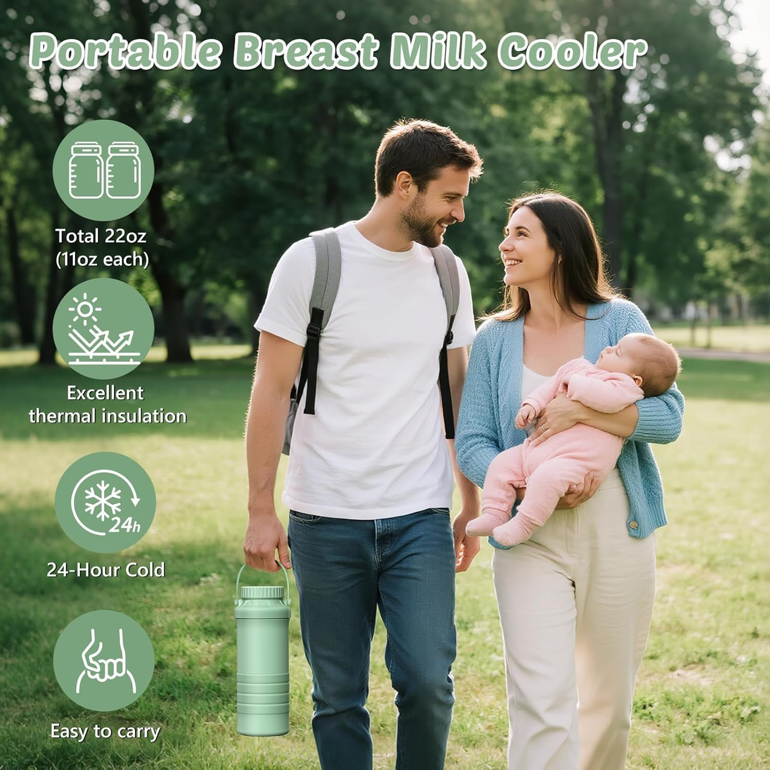 Forubar 600Ml Portable Breast Milk Cooler, Breastmilk Cooler Bottle 360&deg; Total Cooling for 24 Hours with 2Pcs Baby Bottles for Breastmilk Storage image number 4