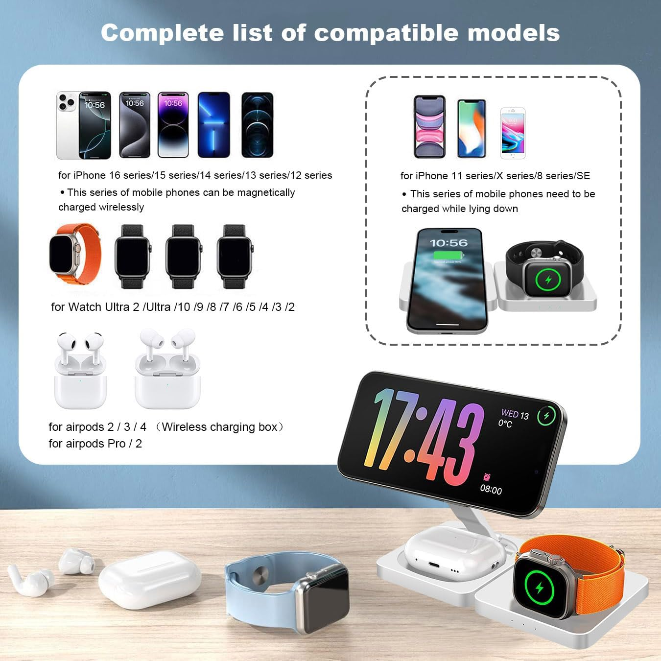 3In1 Wireless Charger Station Portable Travel Charger Wireless Charger Pad Magnetic Charger Stand for Iphone 17 16 15 14 13 12,Iwatch 11/Ultra3/10/Ultra 2/9/Ultra/8/Se2/7/6/Se/5/4/3/2,Pods4/Pro/3/2