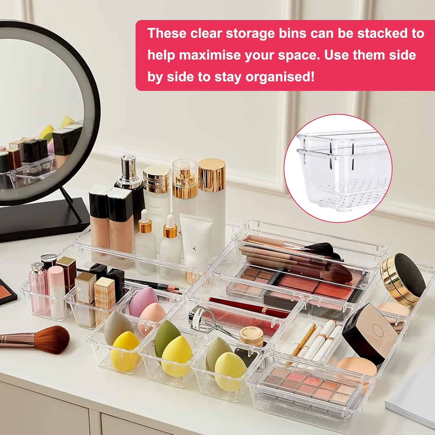 Clear Plastic Drawer Organizers Set, 4-Size Versatile Bathroom and Vanity Organizer Trays, Non-Slip Storage Containers for Makeup, Jewelries, Bedroom, Kitchen Utensils and Office（37Pcs） image number 4