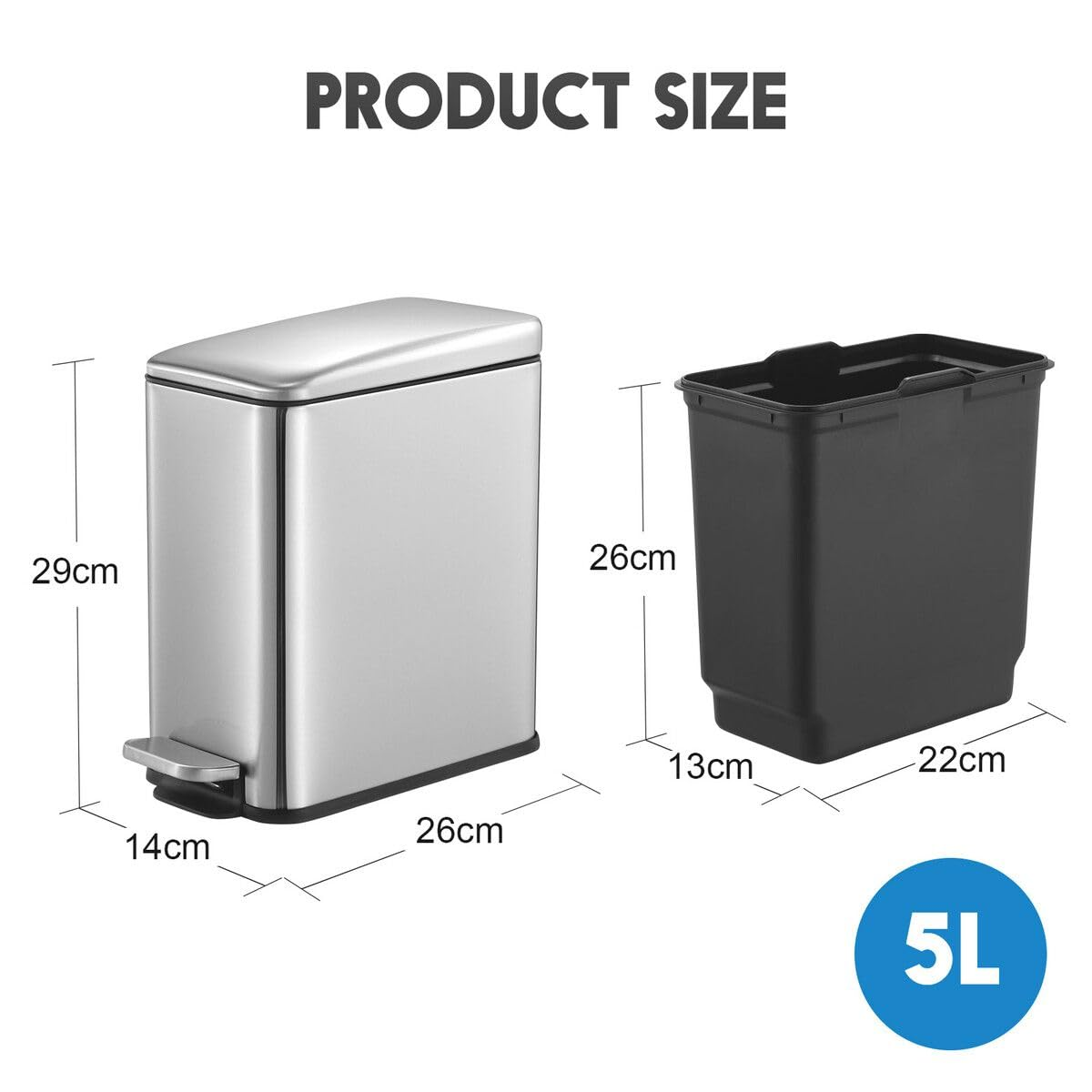 Maxkon 5L Small Pedal Rubbish Bin Stainless Steel Slim Waste Garbage Trash Can Soft Close Lid Bathroom Sliver 26 X 14 X 29 Cm image number 5