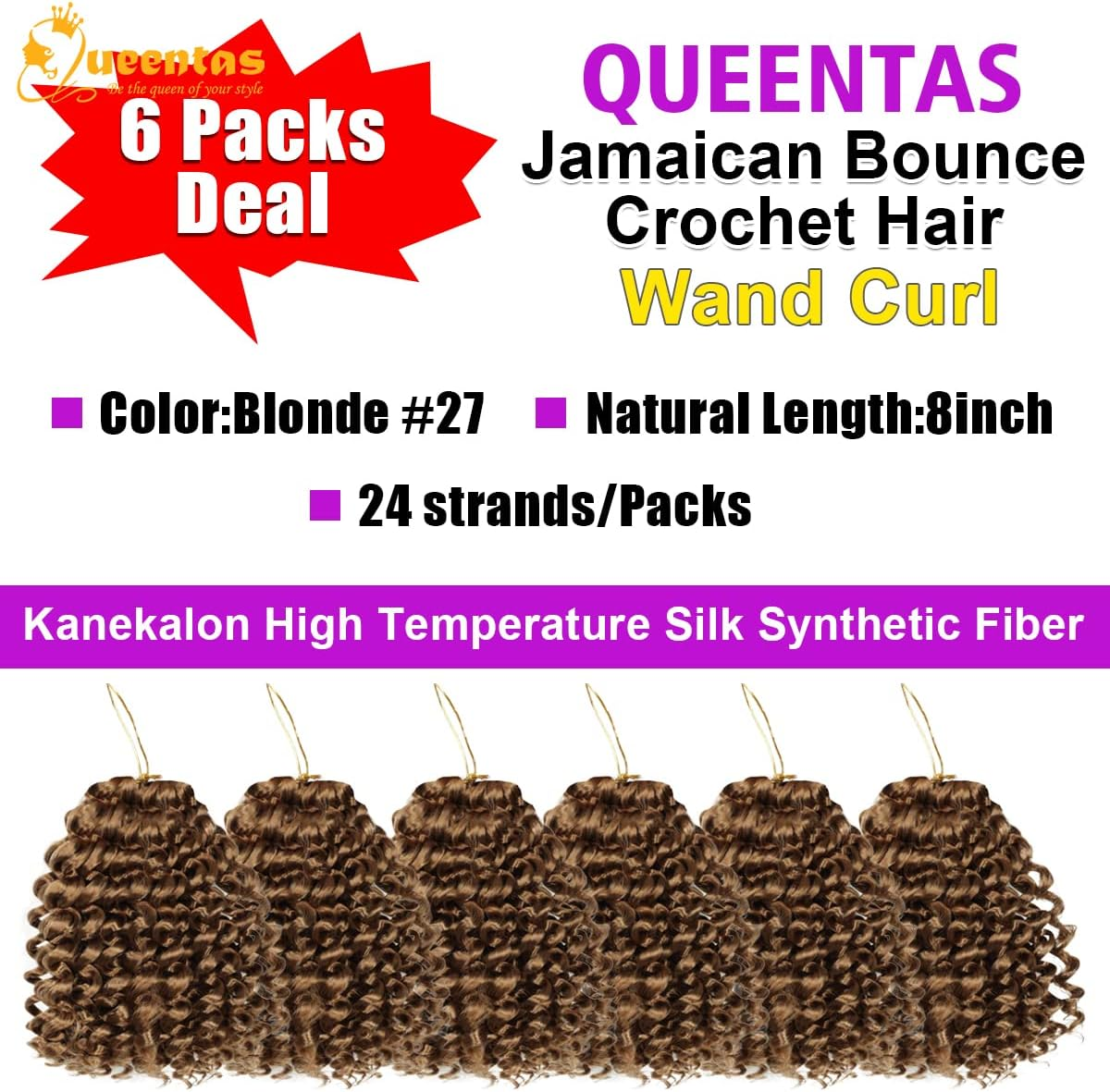 QUEENTAS 8 Inch Crochet Hair Ombre Passion Twist Hair Jamaican Bounce Gogo Curl Faux Locs Crochet Braids Hair Extensions (6 Packs, 27) image number 1