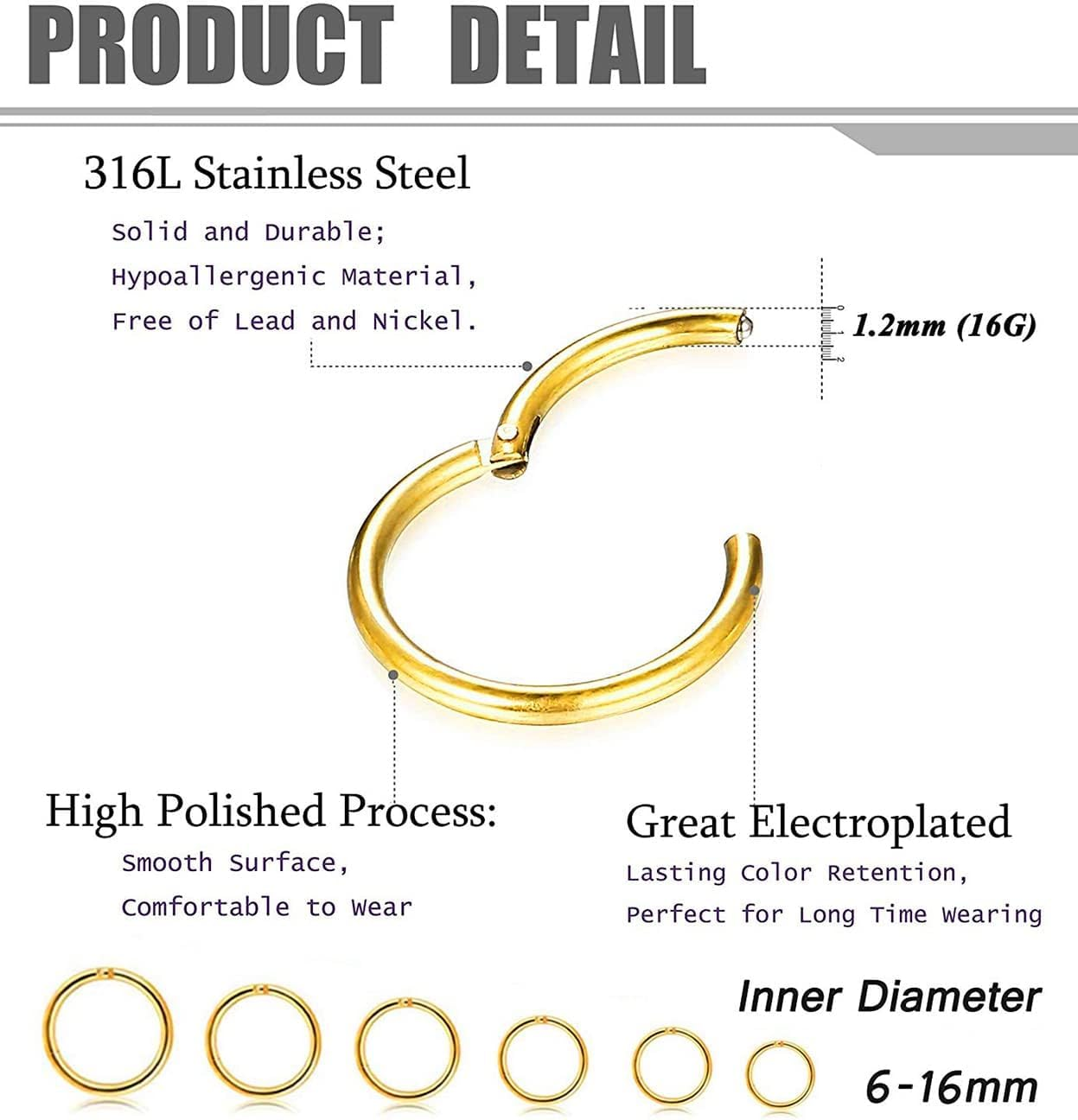 Kakonia 12 Pcs 6-16Mm Stainless Steel Cartilage Hoop Earrings for Women Girls Hypoallergenic Nose Ring Helix Lobes Hinged Sleeper Earrings Piercing Jewelry 16G Set image number 6