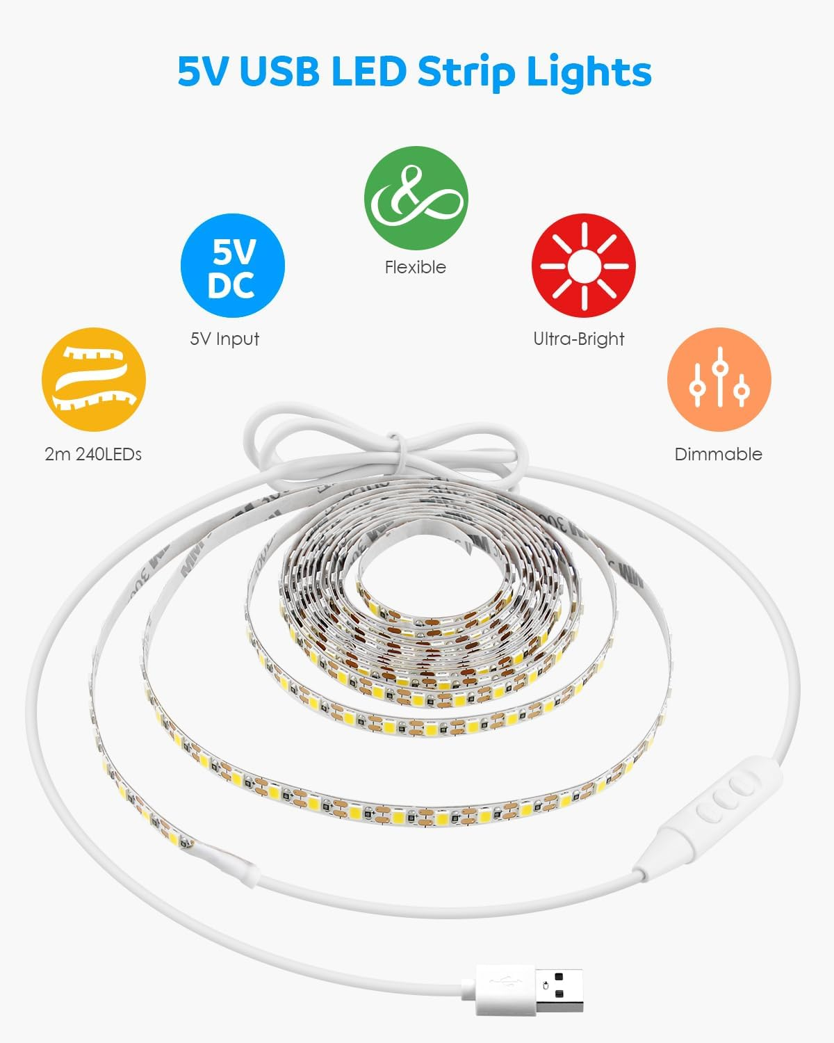 Aclorol LED Strip Light 2M Cool White USB Dimmable LED Strip Light for Bedroom with 1.5M Long Cable Cuttable for under Cabinets Cupboard Computer Desk Ambient Lighting 5Mm Width 6000K image number 6