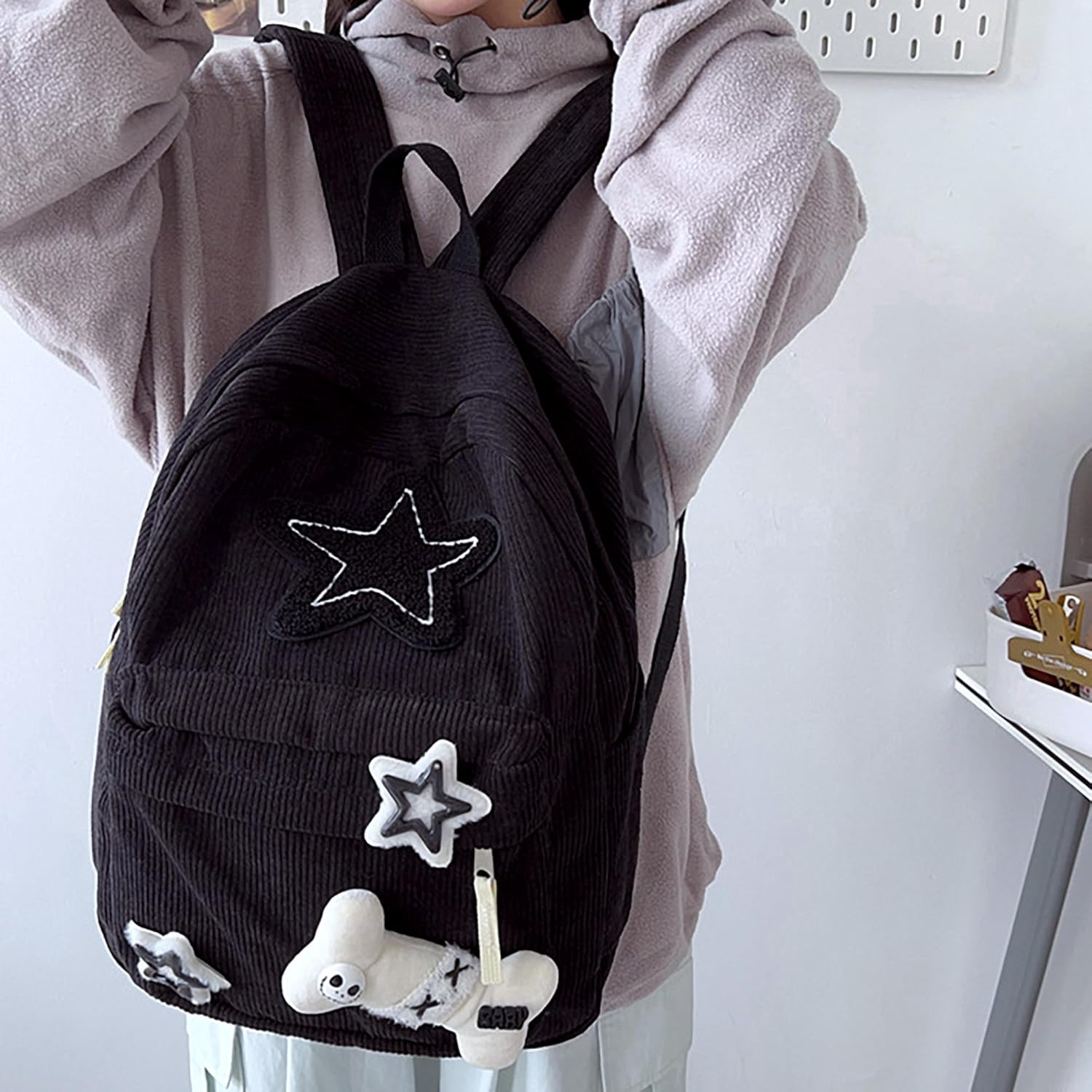 YWOIHL Y2K Star Backpack Kawaii Corduroy Aesthetic Bag Teen Girls Cute Daypack Japanese Fluffy Bookbag
