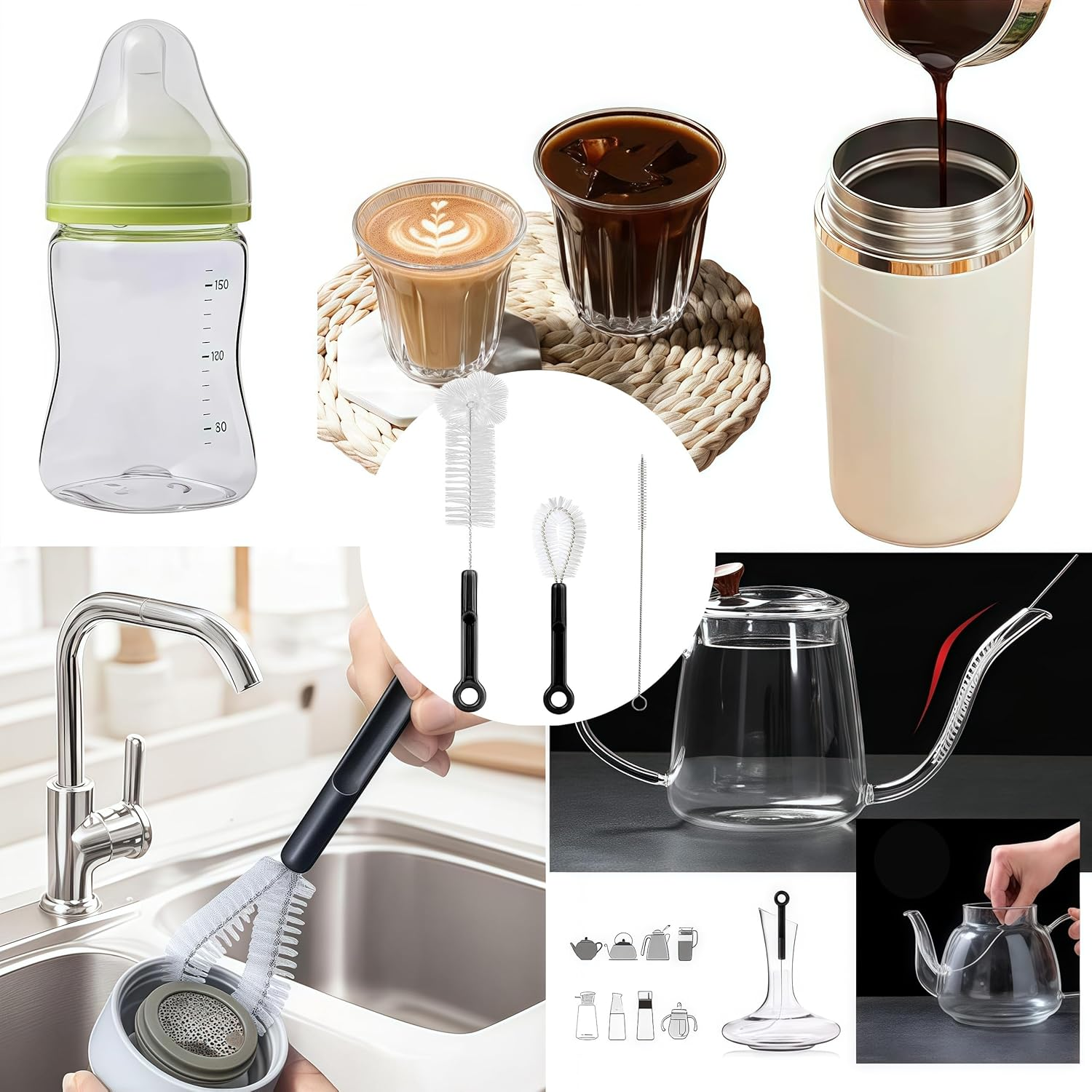 3 Pack Bottle Cleaning Brush Set,Long Water Bottle Brush, Straw Cleaner Lid Brush for Travel Mugs, Decanter, Narrow Spaces,Etc.(Black with White) image number 1
