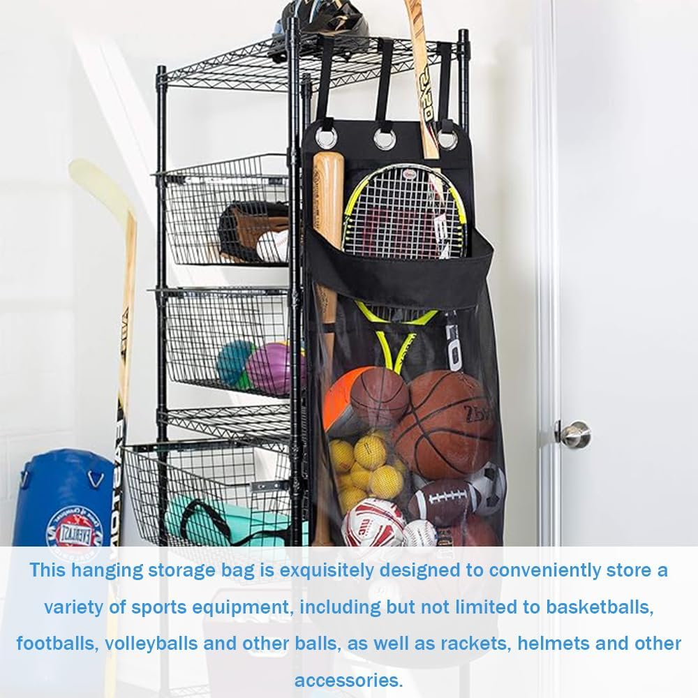 Hanging Hanging Sports Equipment Storage Bag, Black Mesh, Double Layer Oxford Cloth Storage Hanging Bag for Storing Footballs, Basketballs, Rugby and Other Sports Equipment. image number 1