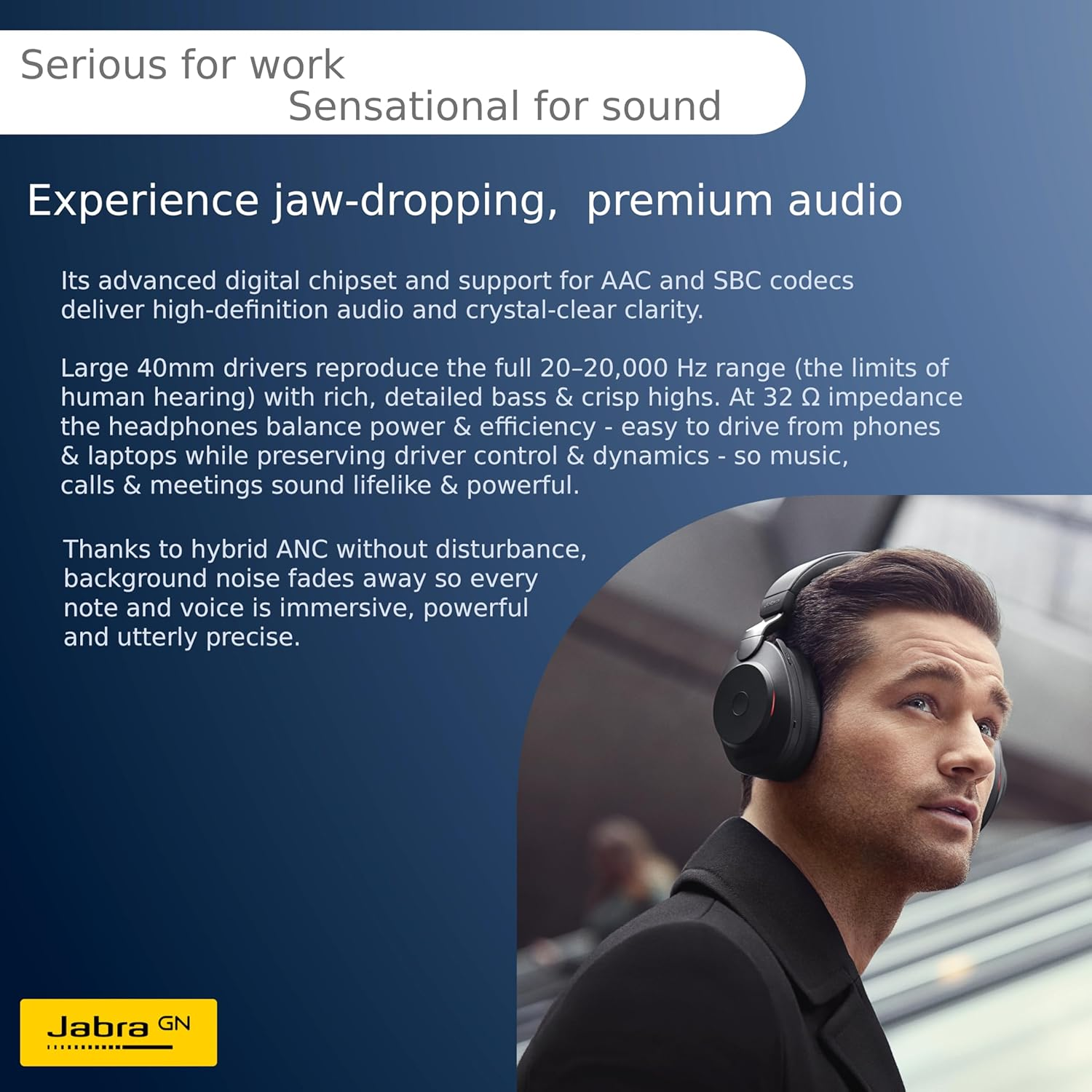 Jabra Evolve2 85 Noise Cancelling Headphones with Mic - Hi-Res Premium Sound - Wireless Office Headset with 10 Microphone ANC Array - over Ear Bluetooth - 37Hr Batt - Teams USB-C + Wireless Charger image number 2