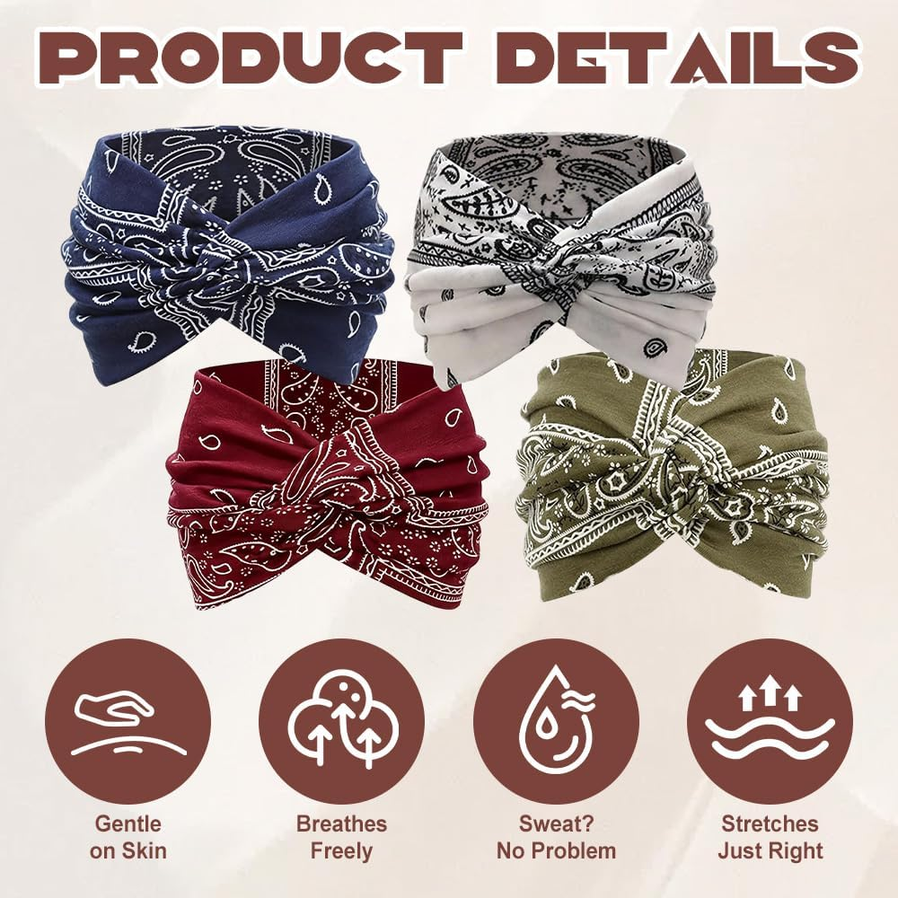 Pack of 4 Satiskid Women'S Hair Bands, Cotton Paisley Pattern Headband, Soft Sports Headband for Yoga, Fitness, Cosmetics, Boho Hair Accessories, Summer image number 4