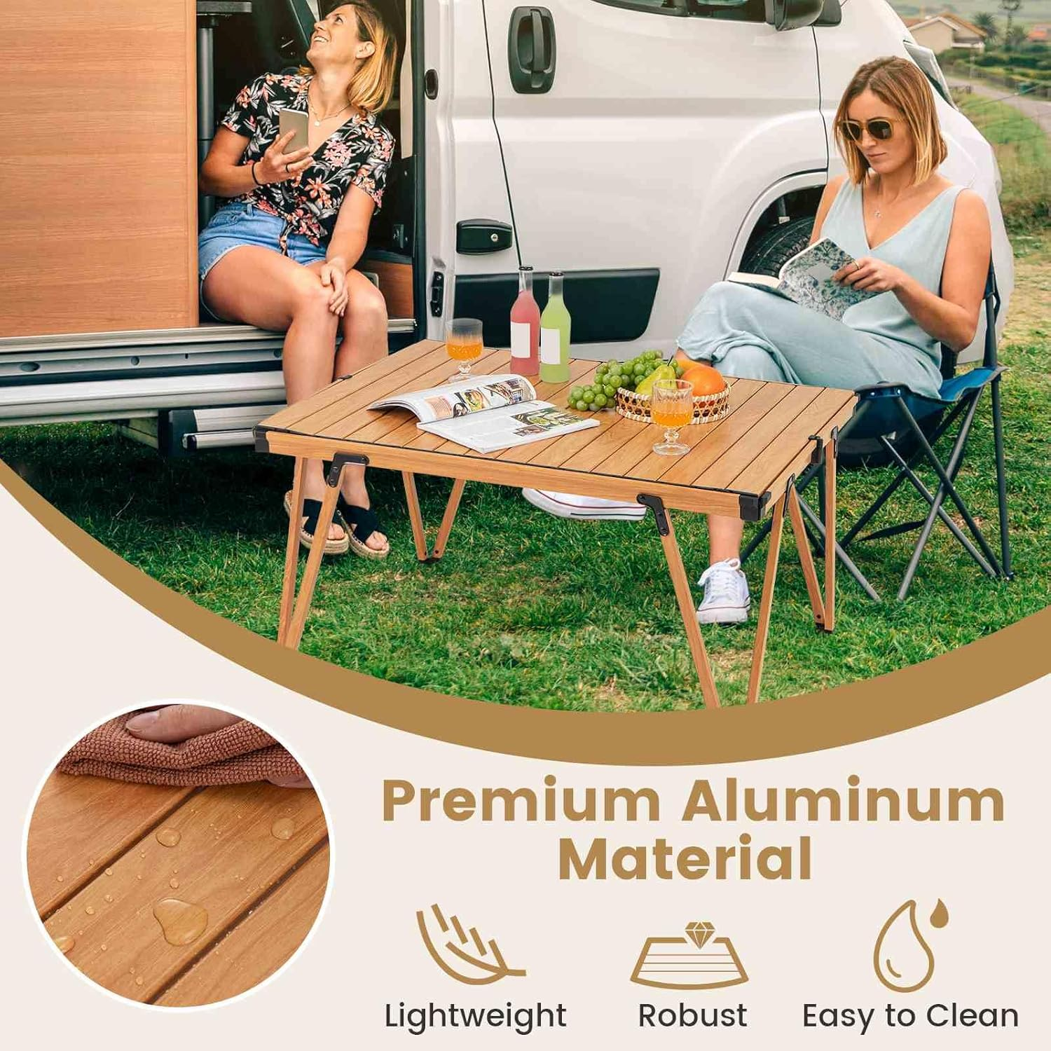 Costway Folding Camping Table, Picnic Table W/Storage Bag and Waterproof Desktop, Light Weight Roll-Up Desk with Aluminum Structure, Available for Both Outdoor & Indoor, 80Kg Load Capacity (Brown) image number 5