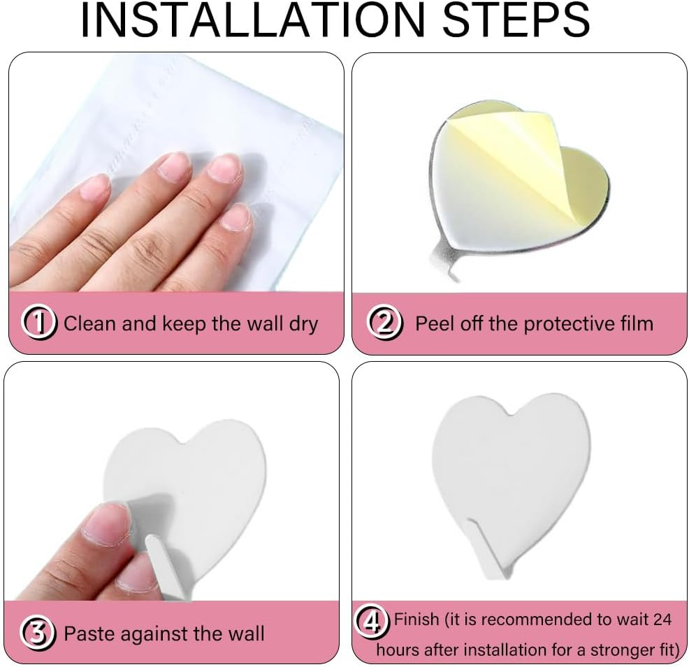 Heart Shaped Wall Hooks - 12 Pcs Stainless Steel Adhesive Hooks, Towel, Coat, Purse Hangers Strong Decorative Hangers for Room, Kitchen, Bath (Silvery) image number 5