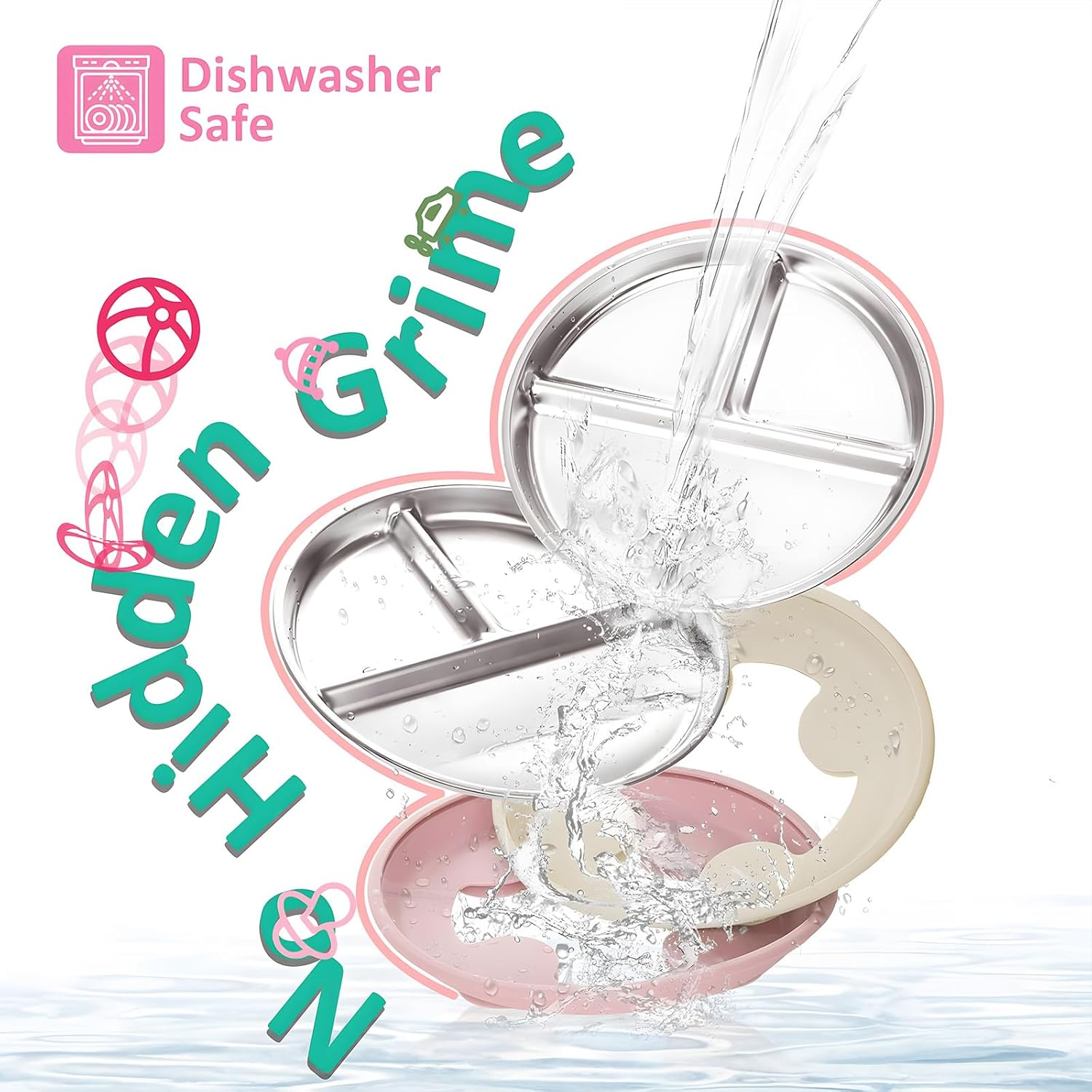 Stainless Steel Toddler Plates 2 Pack, 9" Divided Baby Plates with Suction & Removable Non-Slip Silicone Sleeves, BPA Free, Unbreakable, Dishwasher Safe, Non-Toxic Kids Dinnerware (Pink & Beige) image number 5