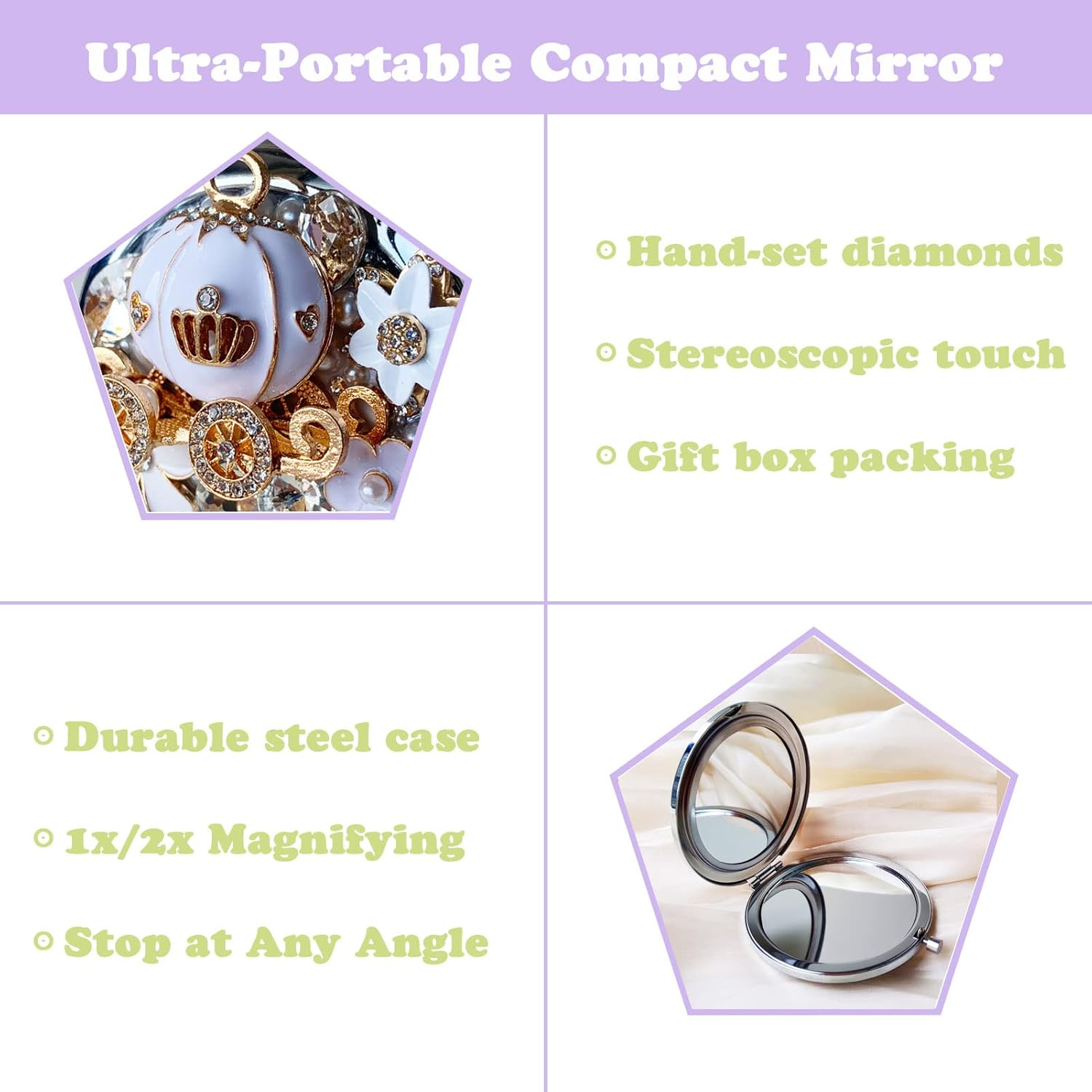 Amanman Cute Compact Mirror Pumpkin Coach Small Mirror Girl'S Gift Travel Mirror 1X/2X Magnification Travel Makeup Mirror (Pumpkin Coach) - Gold Bag image number 4