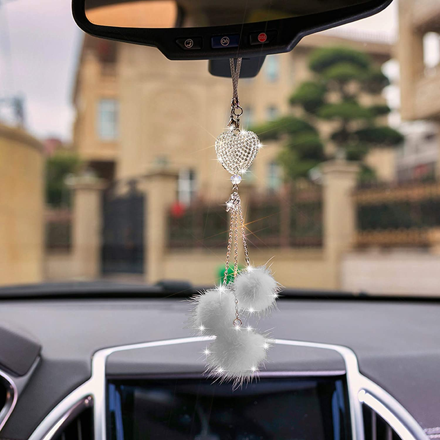 Bling Car Accessories for Women &pound;&brvbar; Men Bling White Heart and Pink Fuzzy Drops Bling Rinestones Diamond Car Accessories Crystal Car Rear View Mirror Charms,Lucky Hanging Accessories (Gray)