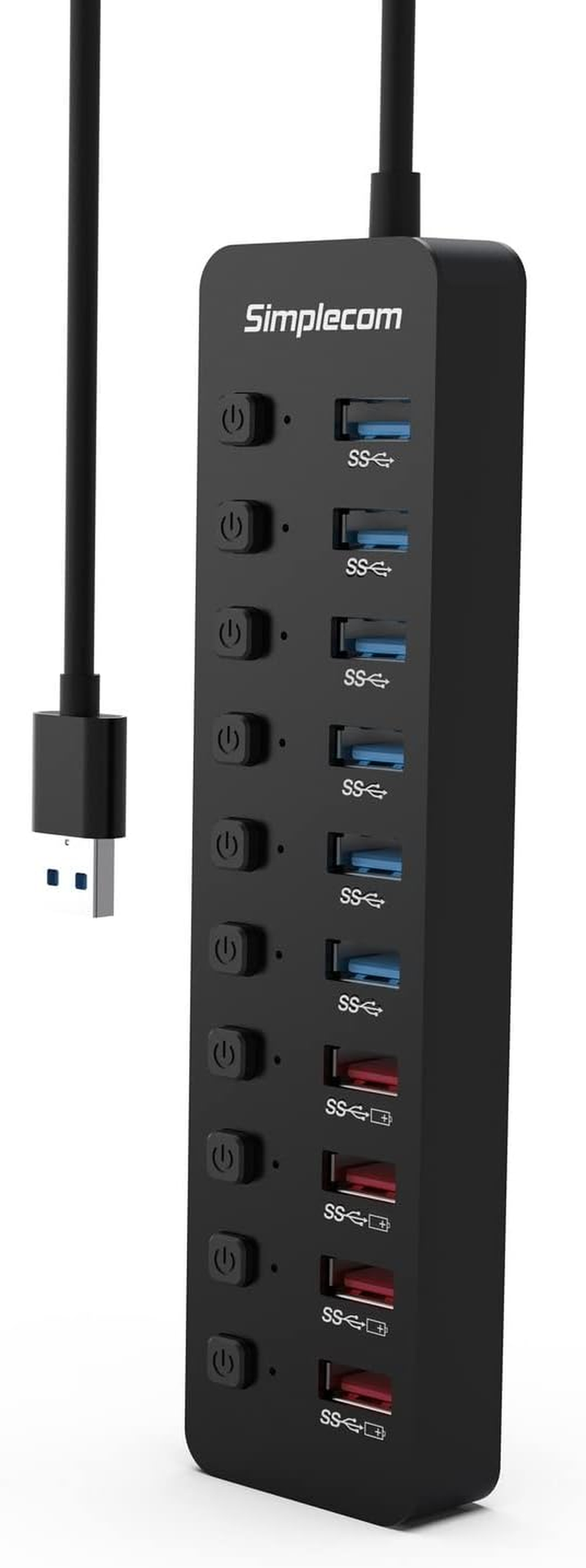 Simplecom CHU810 48W 10-Port USB 3.0 Hub and Charger with Individual Switches 12V/4A Power Adapter BC 1.2 Fast Charging image number 2