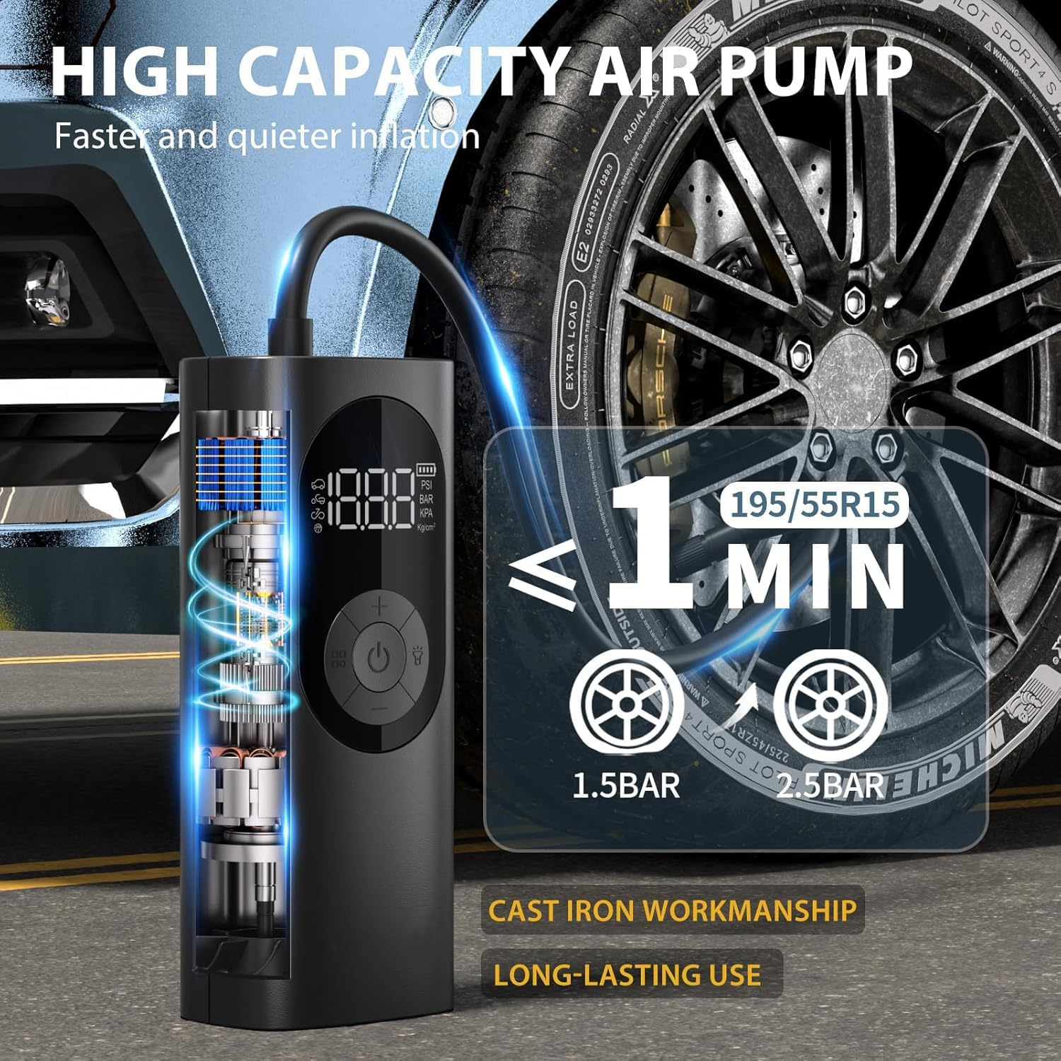 Car Tyre Inflator Air Compressor - Faster Inflation, Cordless Portable Air Pump, 150PSI Electric Tyre Pump with Digital Pressure Gauge & LED Light, Auto Shutoff, for Car, Motorcycle, Bike, Ball