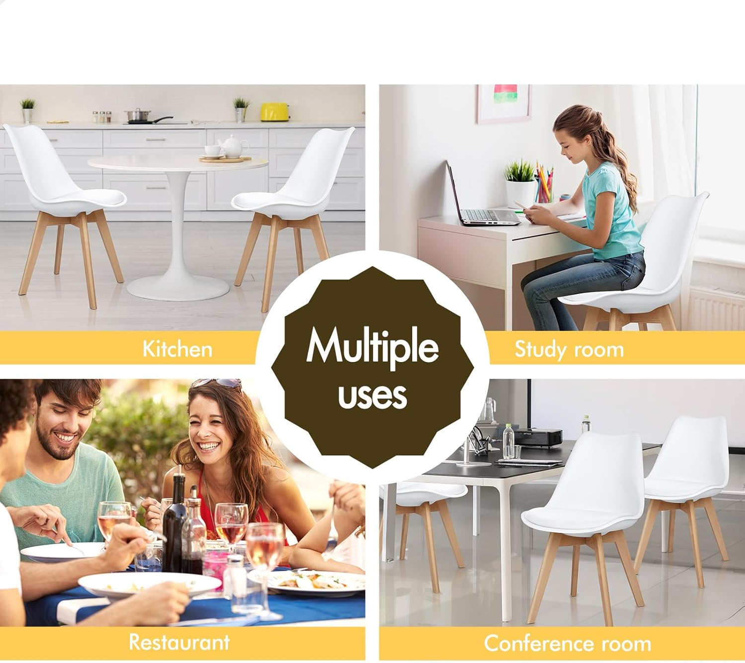 ALFORDSON Dining Chair Set of 4 PU Leather Upholstery with Wood Legs, 4X Kitchen Cafe Chairs with Ergonomic Backrest and Floor Protectors, 150Kg Capacity, White image number 6