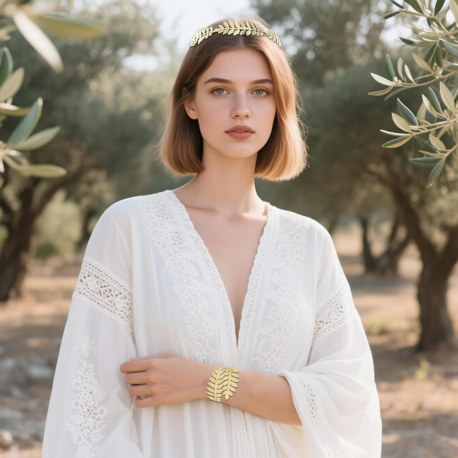 2Pcs Greek Goddess Headband Arm Cuff Bridal Jewelry Set Roman Leaf Branch Crown Upper Arm Band Bracelet for Women image number 4