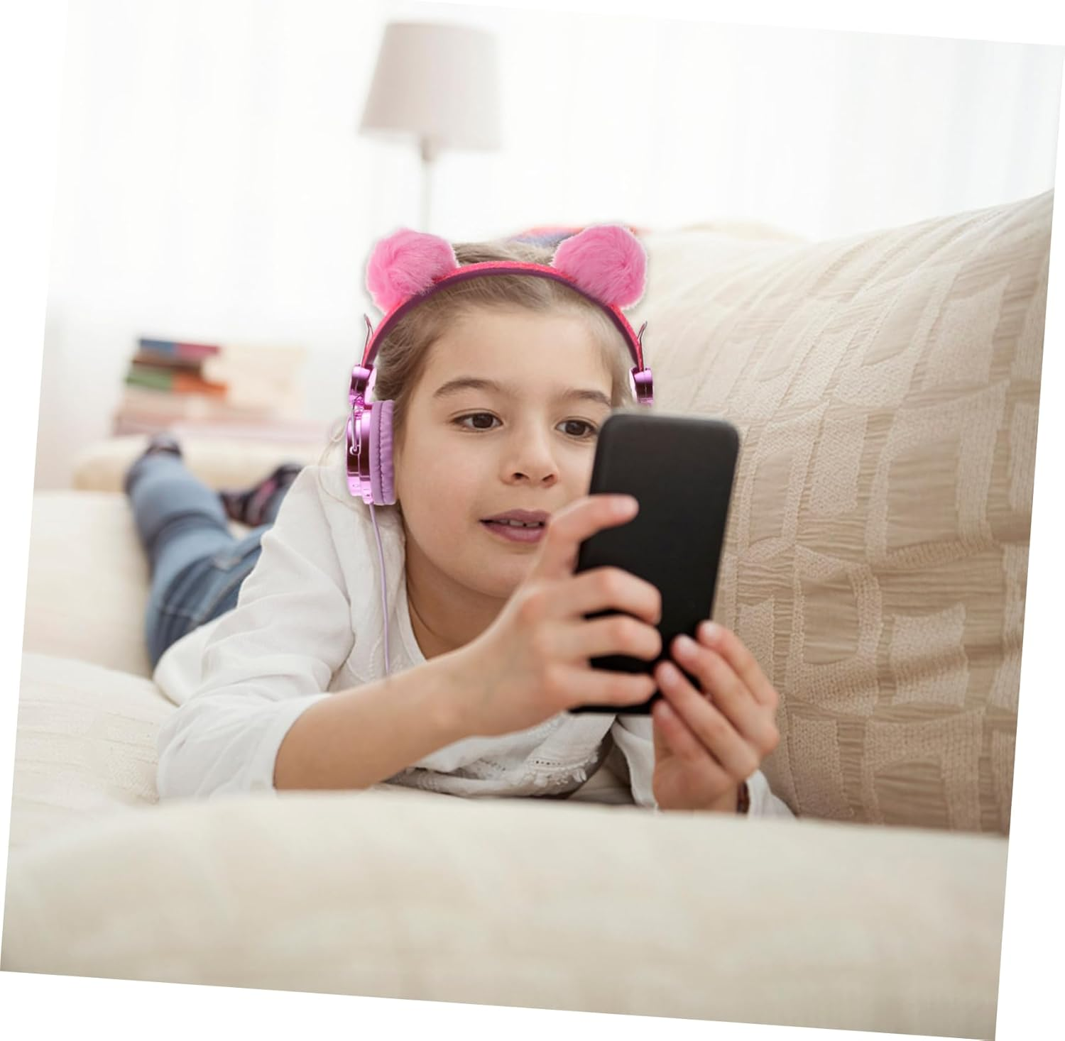 TINEASUR Children Headphones with Mic on Ear Headset for Kids Rhinestone Glitter Furry Ball Design School Travel Use Wired Headphones for Boys and Girls image number 2