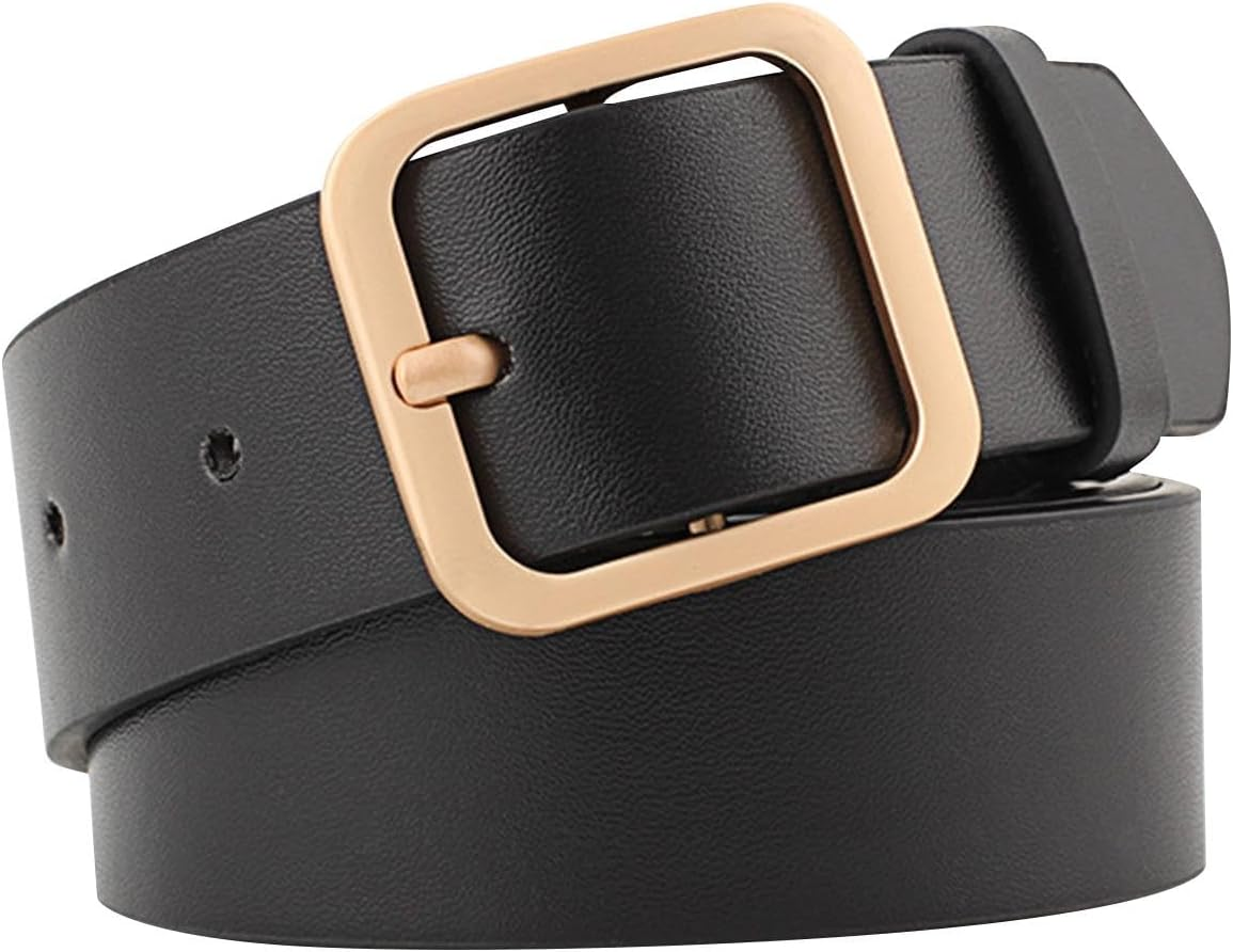 Vseutiac PU Leather Belt Women Single Prong Square Buckle 1.3" Fashion Wide Decorative Belt Female Waist Belt For