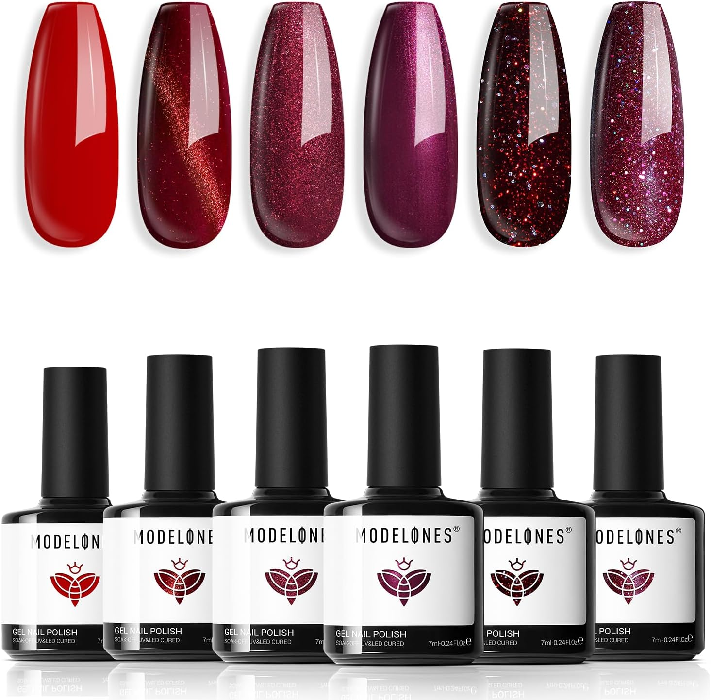 Modelones Gel Nail Polish Set, 6 PCS Red Burgundy Purple Glitter Gel Polish Winter Colors Cat Eye Chameleon Shimmer Christmas Soak off LED Nail Art Gel Nail Kit Manicure Salon DIY Nails Gift