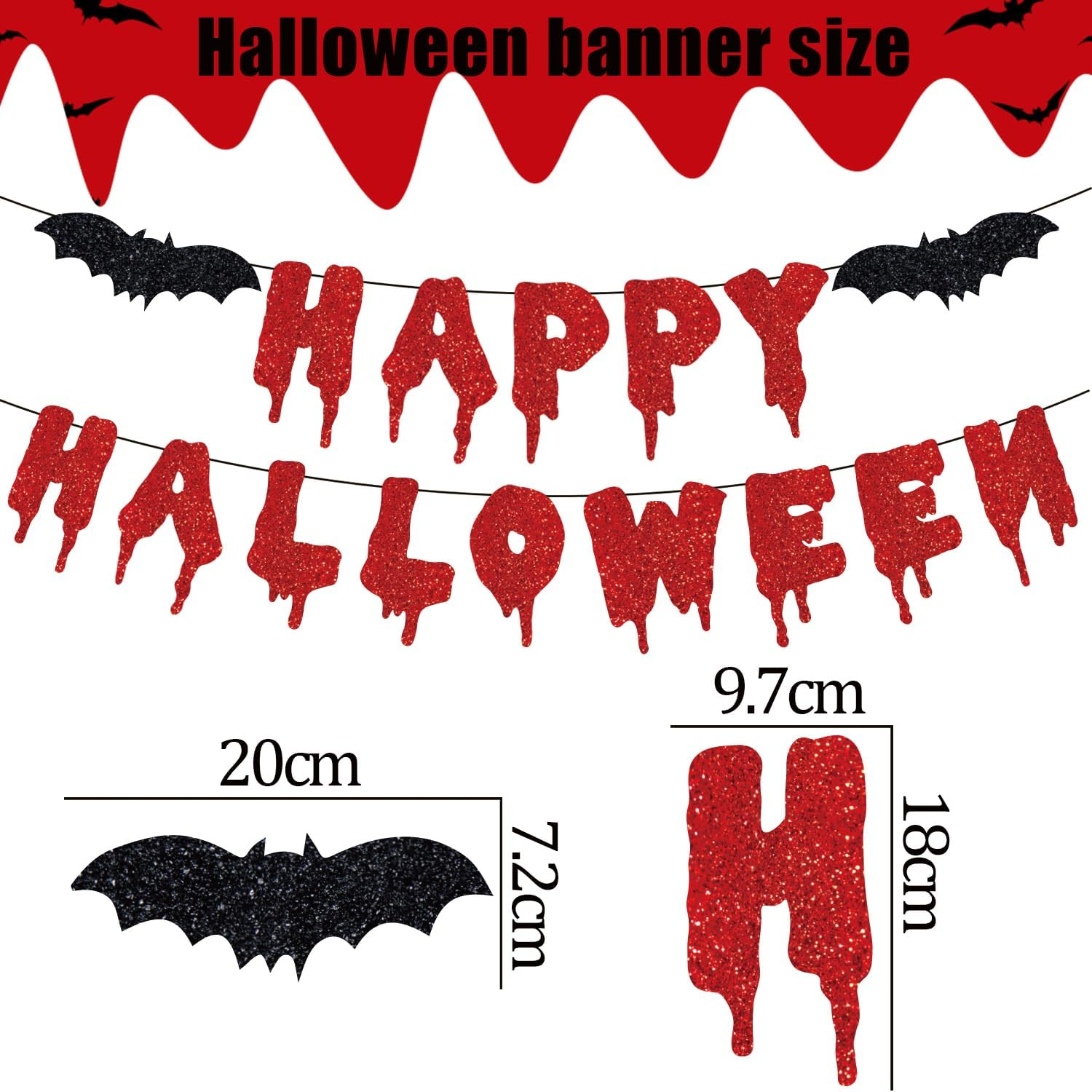 Happy Halloween Banner Red Black Glitter Bat Banner Halloween Hanging Paper Garland Bunting Banner for Halloween Zombie Vampire Haunted Houses Indoor Outdoor Party Decorations Supplies Kit image number 2