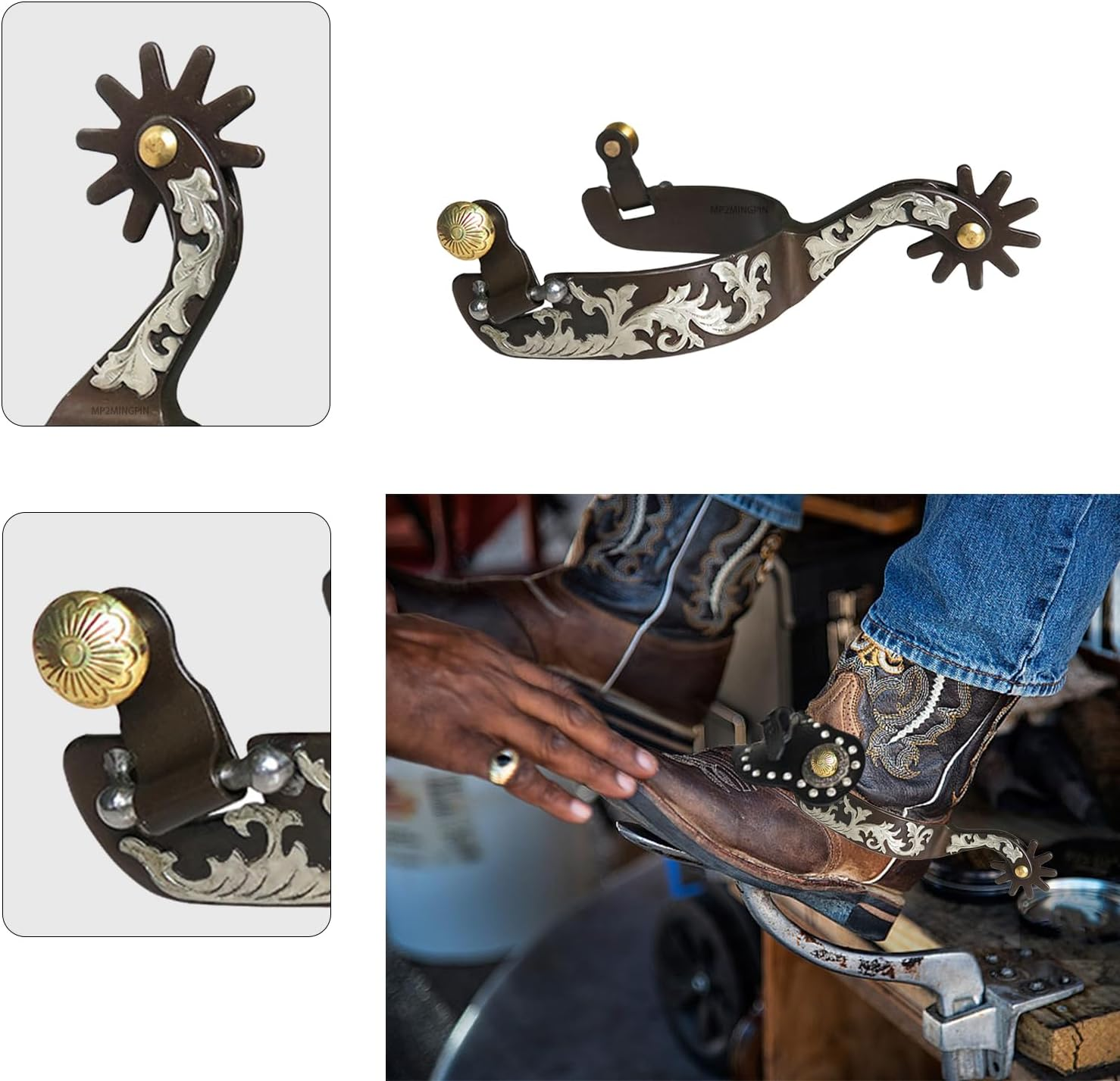 MP2MINGPIN Men&rsquo;S Western Spurs, Durable Low Carbon Steel with White Copper Inlay,Easy to Match Spurs for Cowboy Boots image number 1