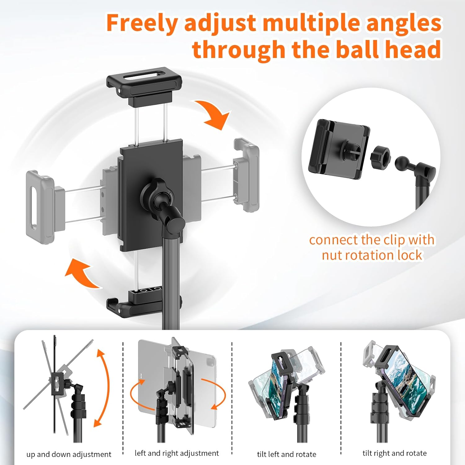 XXZU 182Cm/72In Tablet Floor Stand Tripod,Tablet Tripod Floor with 360&deg; Rotation Ball Head,Height Adjustable Stand Holder with Case,For Phone/Ipad/Music/Stream/Recording and All 4.7-13Inch Devices image number 4