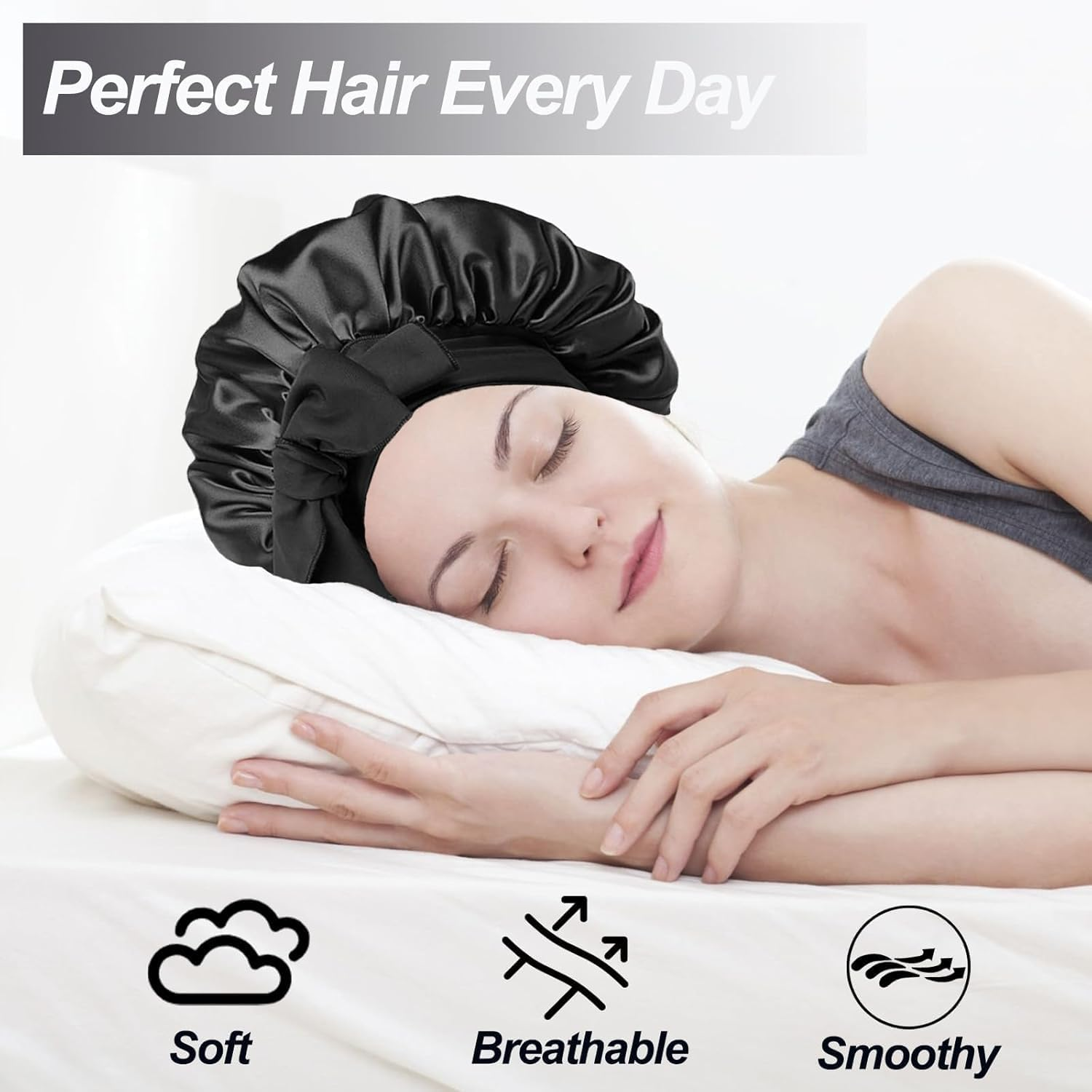 ZUJIACUN Large Satin Shower Cap, Double Adjustable Tie Strap to Protect Curly, Natural, Braided Hair - Perfect for Evening, Gym, Yoga (Black + Red) image number 6